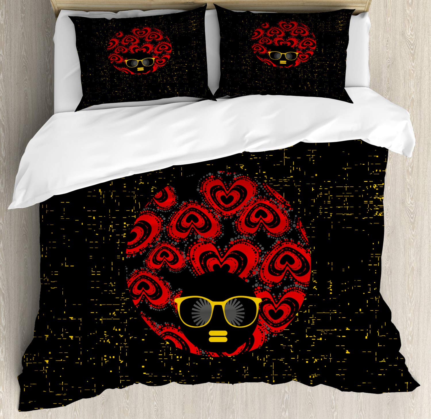 Lunarable Black Woman Duvet Cover Set - King Size 2-Pack with Abstract Heart Illustration, Cartoon Style Love Theme (Red/Yellow/Black) - Includes 2 Duvet Covers & 4 Pillowcases - Perfect for Romantic Bedrooms, Couples' Gift, or Afrocentric Home Decor
