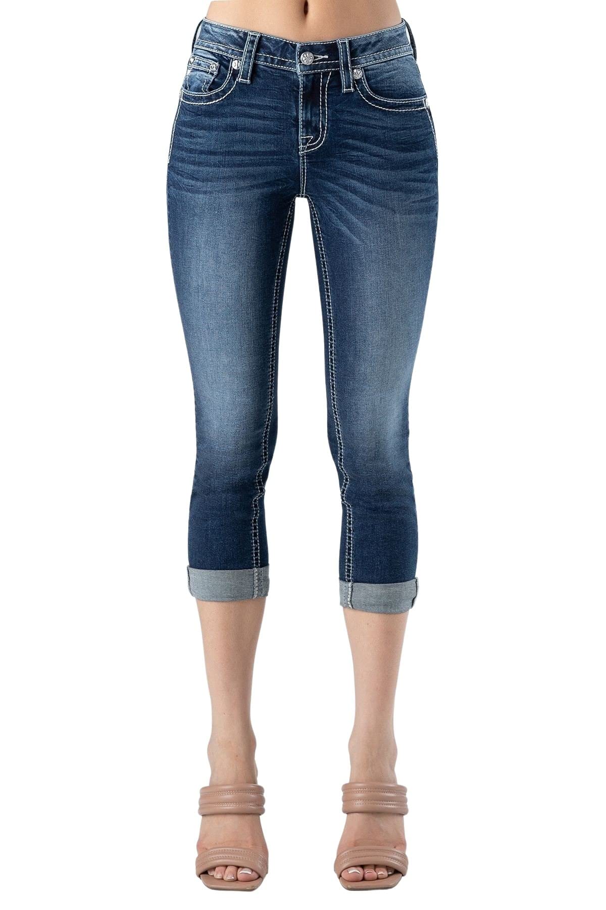 Miss Me Women's Studded Horseshoe Embellished Pocket Mid-Rise Capri Jeans - Stylish Stretch Denim Pants for Casual Wear & Night Out