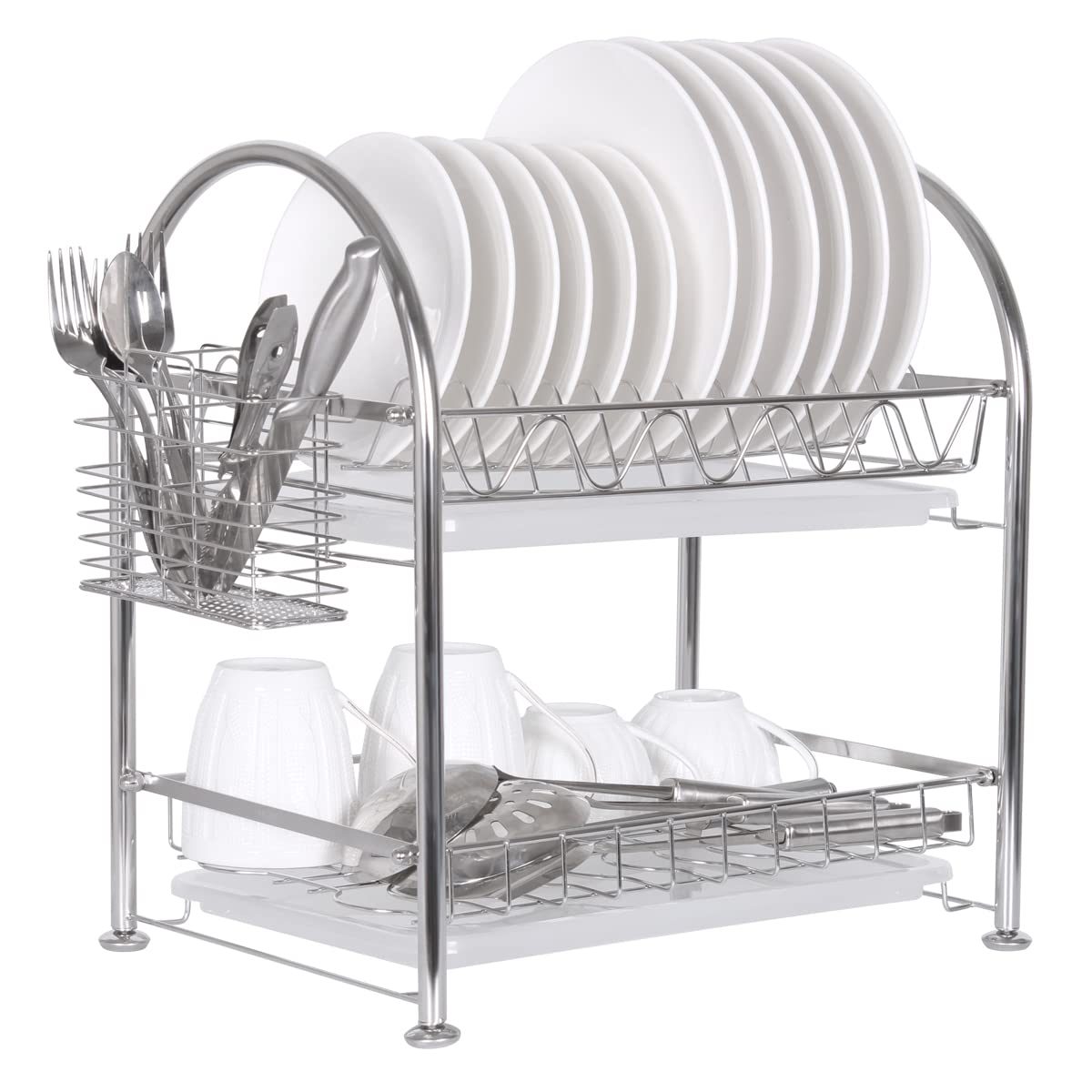 Melos 2-Tier Stainless Steel Dish Drying Rack with Drainboard - Large Kitchen Counter Organizer with Utensil Holder, Water Tray & Cup Holder (Silver) | Space-Saving Dish Drainer for Small Kitchens & Apartment Living