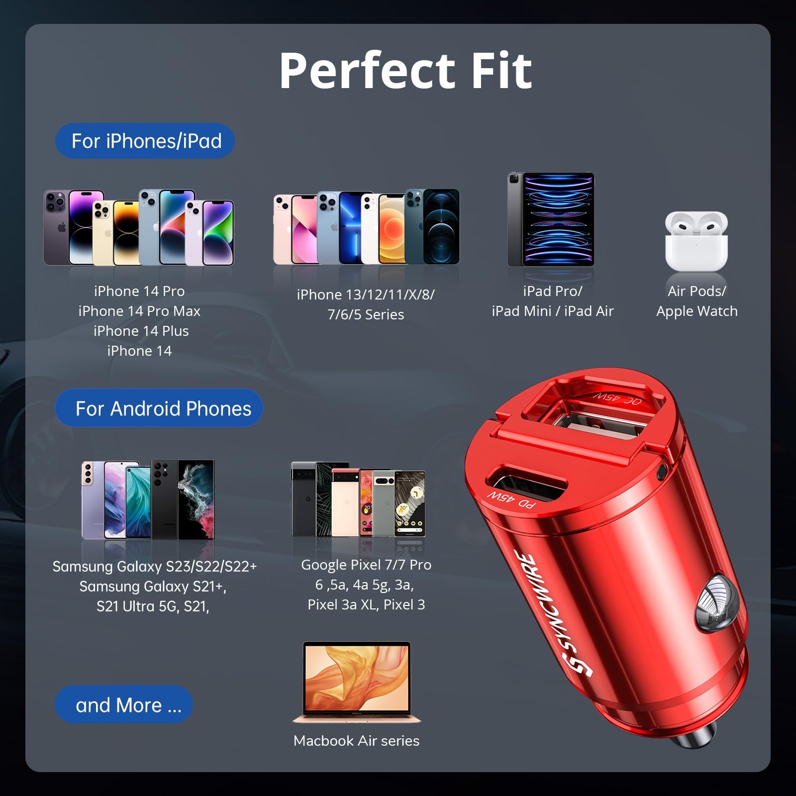 Syncwire 90W USB C Car Charger [Dual PD 45W & QC 45W Ports] - Super Fast Charging Adapter for iPhone 15/14 Pro Max, Samsung S23/S22/S21, Pixel, iPad - Compact All-Metal Design - Perfect for Road Trips & Daily Commute