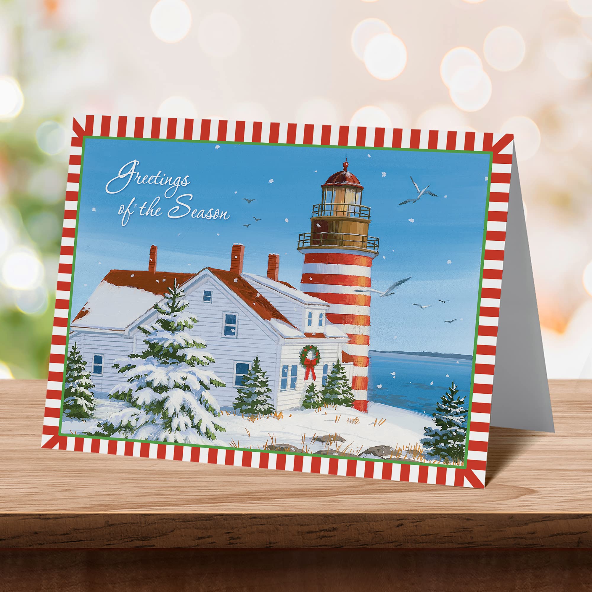 Red Farm Studios Designer Christmas Greeting Cards - Lighthouse in the Snow (Box of 18 Nautical Coastal Holiday Cards with White Envelopes) for Holiday Wishes, Office Gifts & Festive Decorations