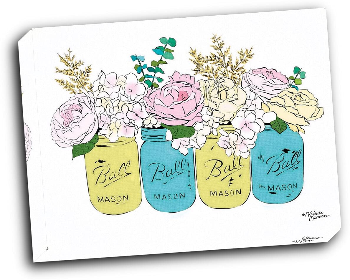 Floral Canning Jars Wall Art - 20x16 Inch Gallery Wrapped Canvas Painting - Vintage Kitchen Decor for Farmhouse, Country Style Homes & Restaurants