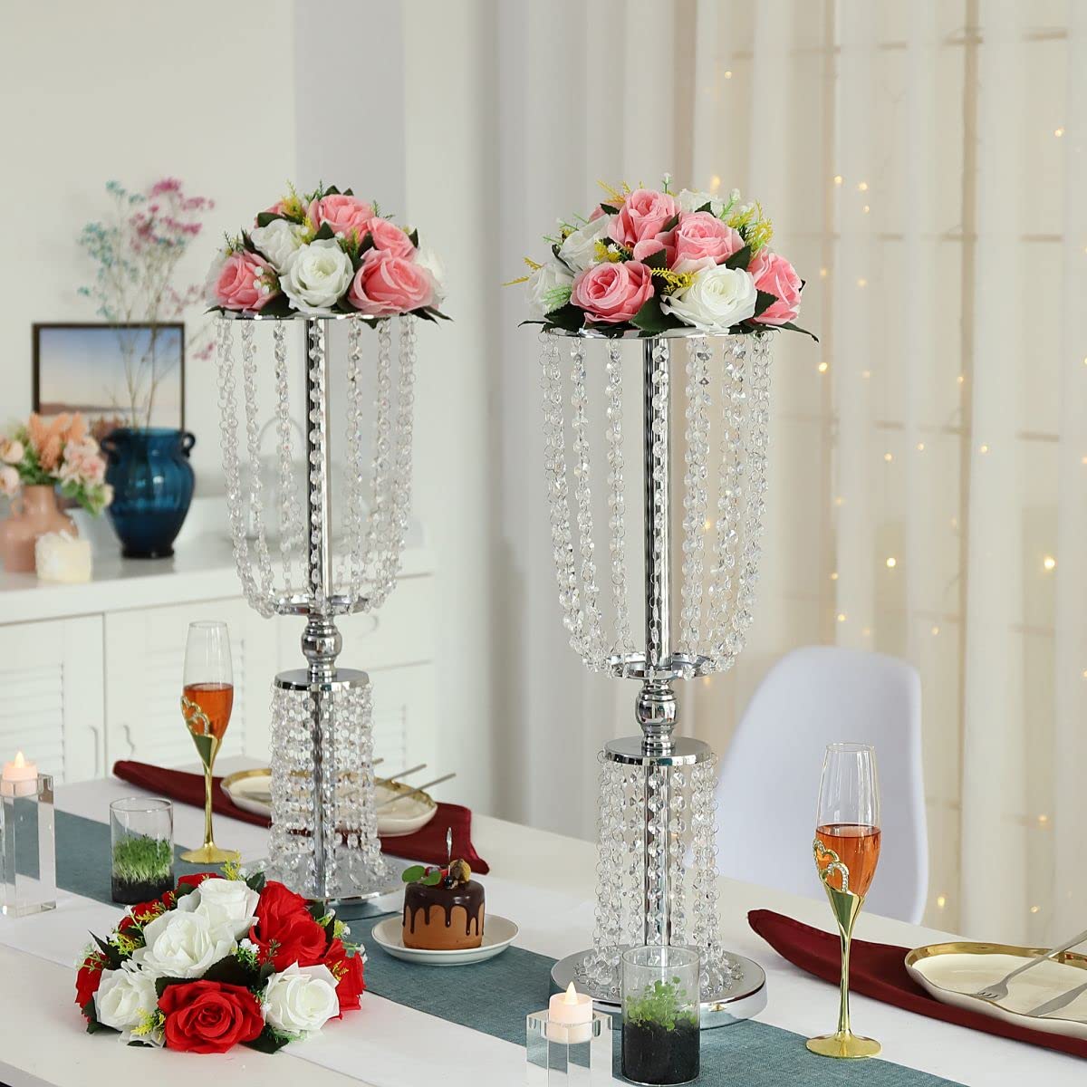 LoveCat 2-Piece Silver Wedding Centerpiece Vases Set - 24.4 Inch Tall Metal Floral Arrangement Vases with 2-Tier Acrylic Crystal Strings - Elegant Home Decor for Weddings, Parties & DIY Projects