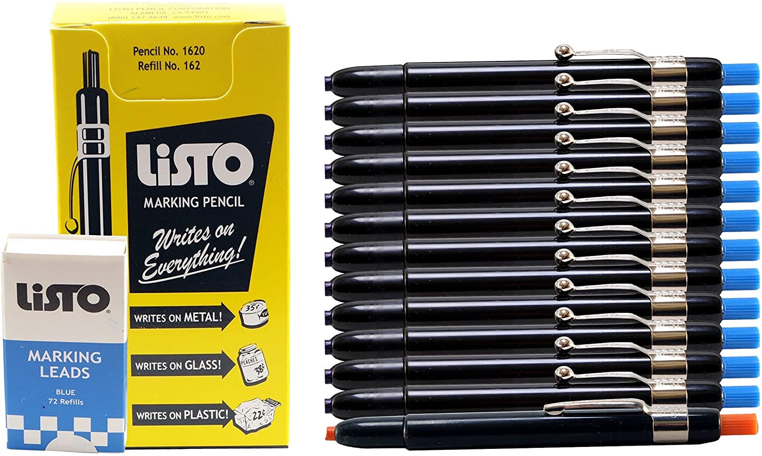 Listo 1620 & 162 Marking Pencils Set - 12 Blue Grease Pencils with 72 Refill Leads - China Markers, Wax Pencils for Woodworking, Metal & Glass Marking - Includes 1 Orange Pencil (12-Pack, 72 Refills)
