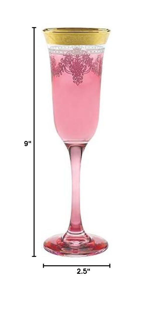 Elegant Modern Glass Drinkware Set - 9 oz Red Flutes with Gold Band (Set of 6) for Parties, Weddings, and Special Events - Perfect for Champagne, Cocktails, and Celebrations