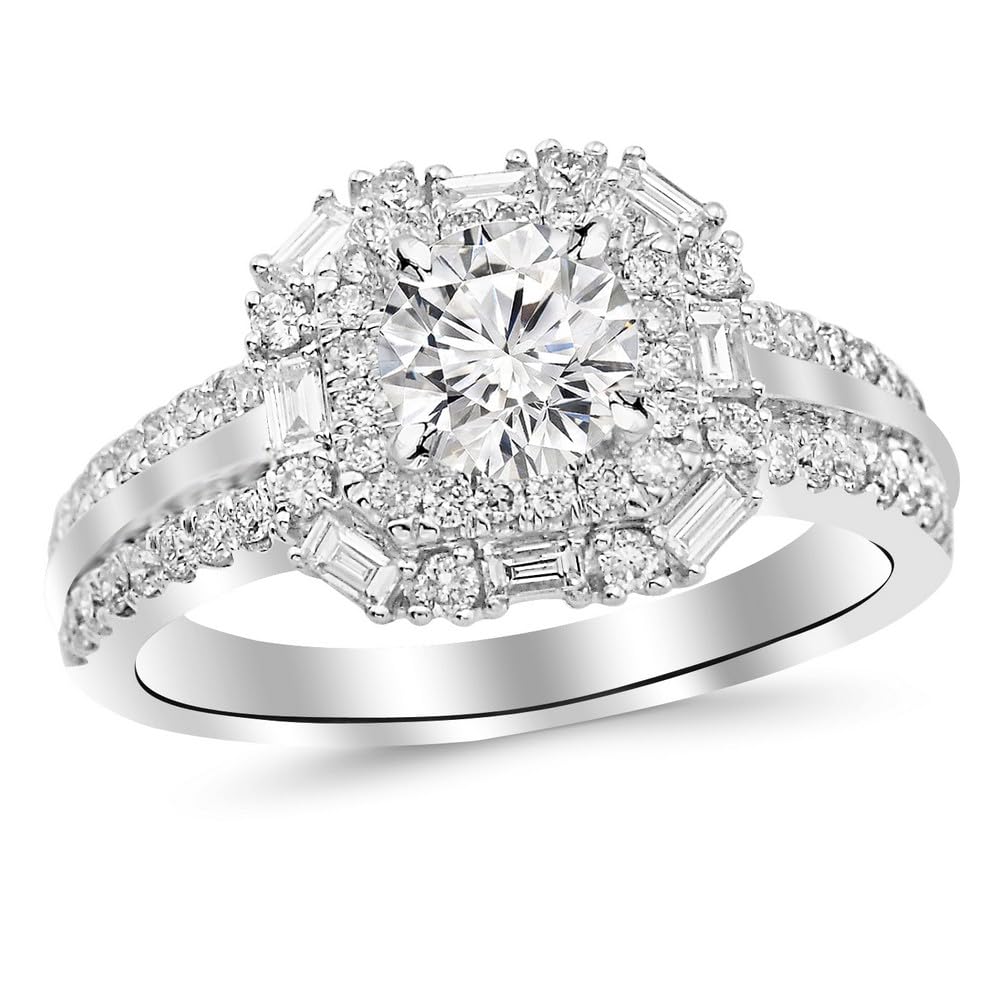 1.75 Carat Radiant Cut Double Row Baguette & Round Halo 14K White Gold Diamond Engagement Ring (H-I Color, I1-I2 Clarity, 1 Ct Center Stone) - Perfect for Proposals, Weddings & Anniversary Gifts