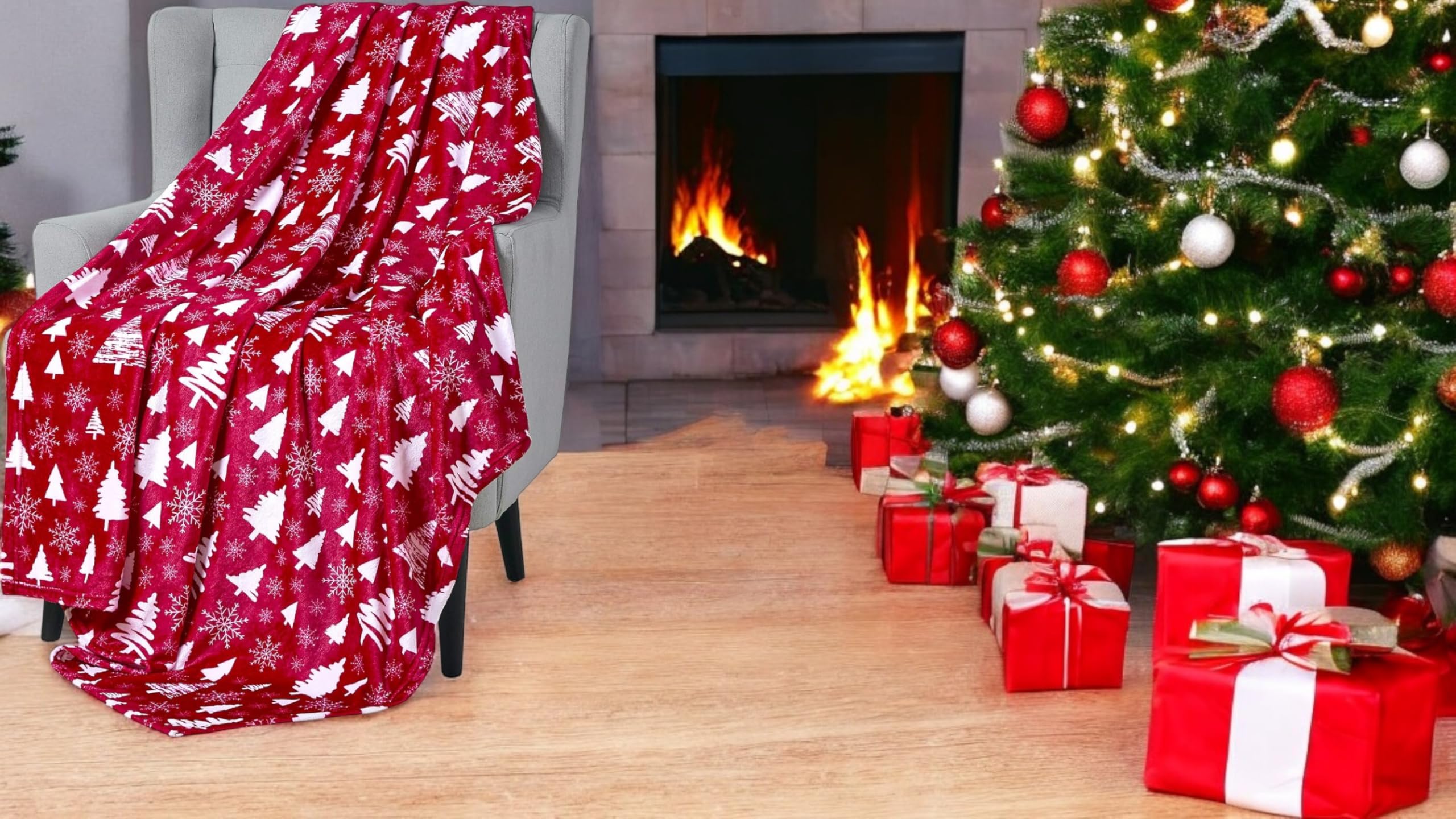 Soft & Cozy Christmas Fleece Throw Blanket with Tree & Snowflake Designs - Red & White Holiday Decorative Blanket for Couch, Bed, Chair - Perfect for Winter Snuggling, Gift Giving & Festive Home Decor