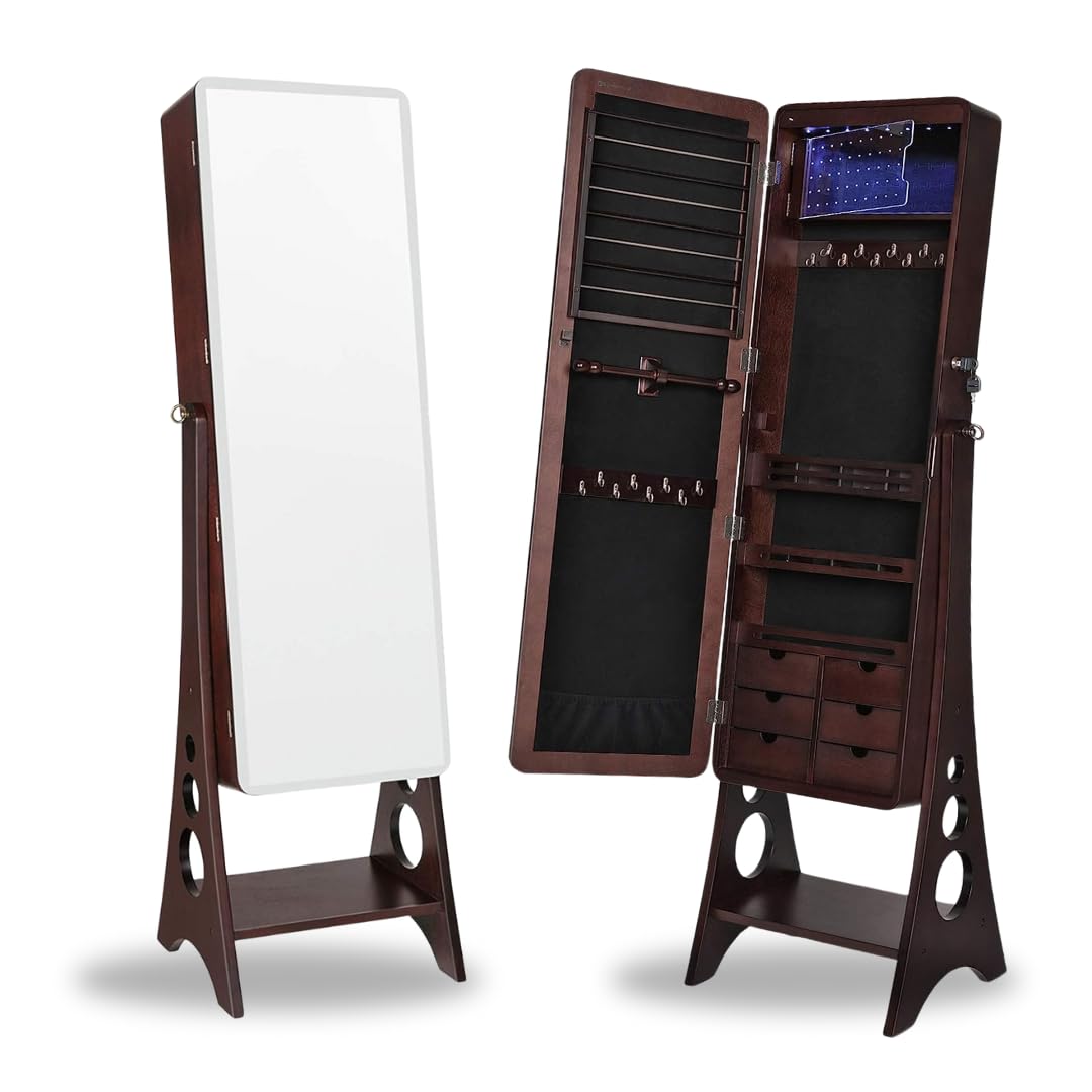 Hives and Honey Aria Standing Jewelry Armoire with LED Lights - Lockable Velvet Lined Storage Cabinet, Full-Length Beveled Mirror, Space-Saving Walnut Finish | Perfect for Bedroom, Closet & Dressing Room Organization