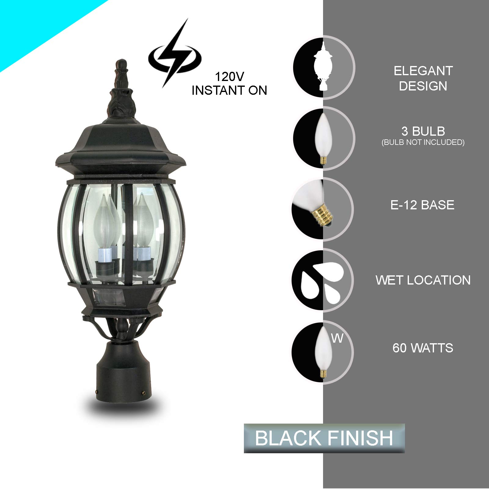 Ciata Outdoor Post Lights - 60W Black Lantern Lamp with Clear Beveled Glass for Garden, Patio, Driveway & Walkway Lighting - 120V Weatherproof Outdoor Lighting Fixture
