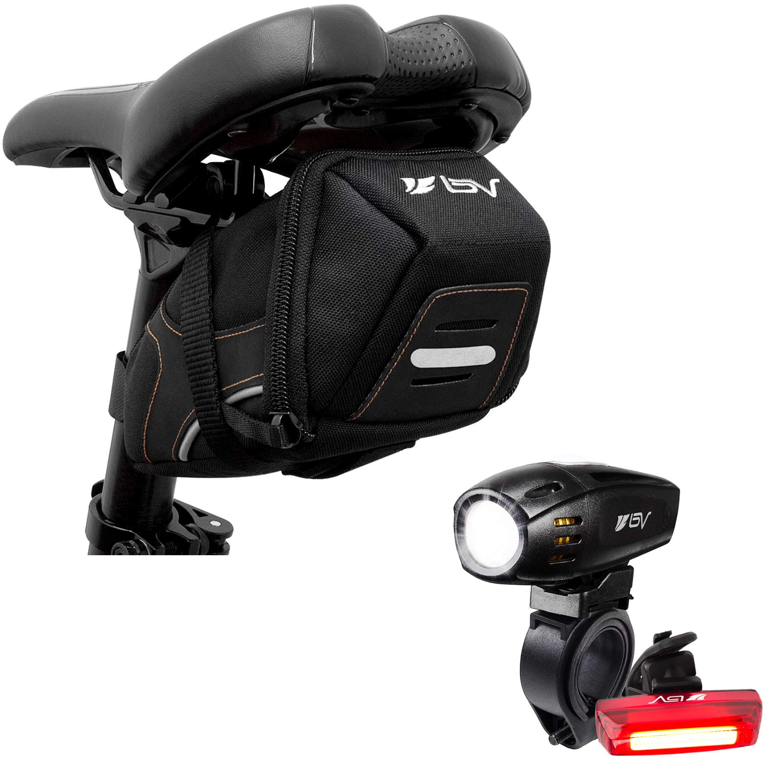 BV Medium Bike Saddle Bag with Rechargeable LED Bike Light - Waterproof Cycling Accessories for Commuting, Mountain Biking & Night Rides