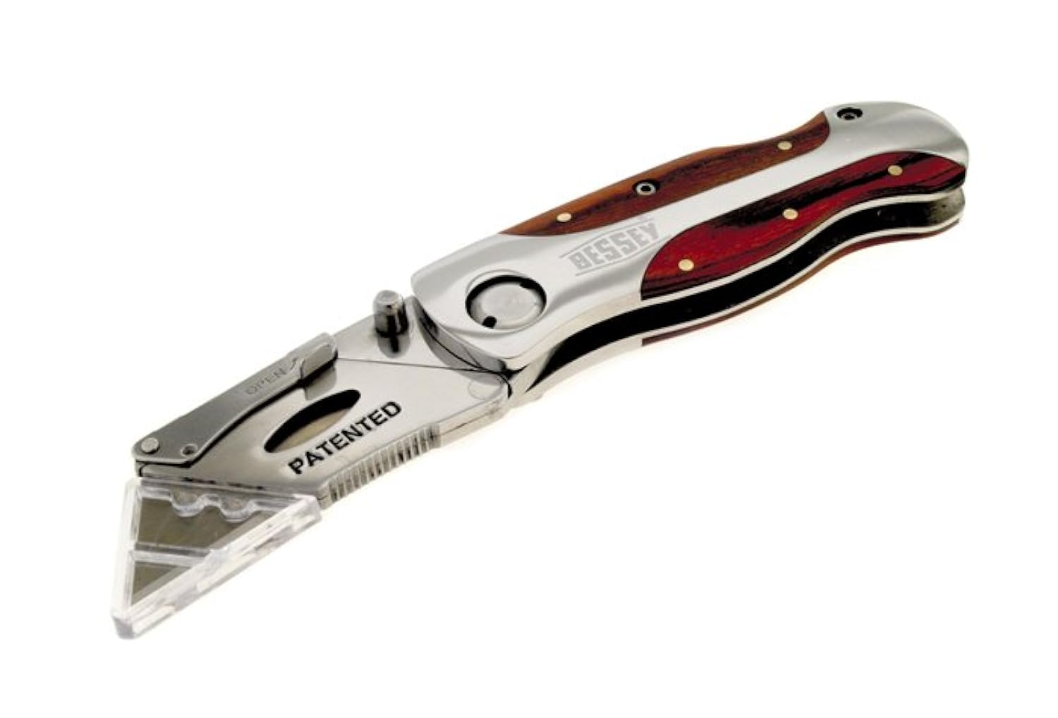 BESSEY D-BKWH Quick-Change Folding Utility Knife with Wood Grain Handle - Heavy Duty Retractable Box Cutter for DIY, Crafting, Packaging & Construction Work