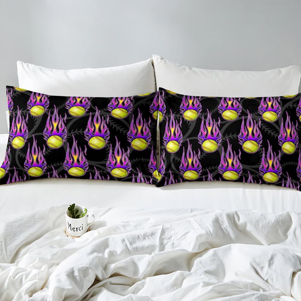 Homewish Volleyball Sheet Set Twin - Purple Flame Bedding for Kids, Teens & Adults | Sporty Black 3-Piece Set with Deep Pocket Fitted Sheet, Flat Sheet & Pillowcase | Perfect for Dorm Rooms, Game Day Decor & Sports-Themed Bedrooms