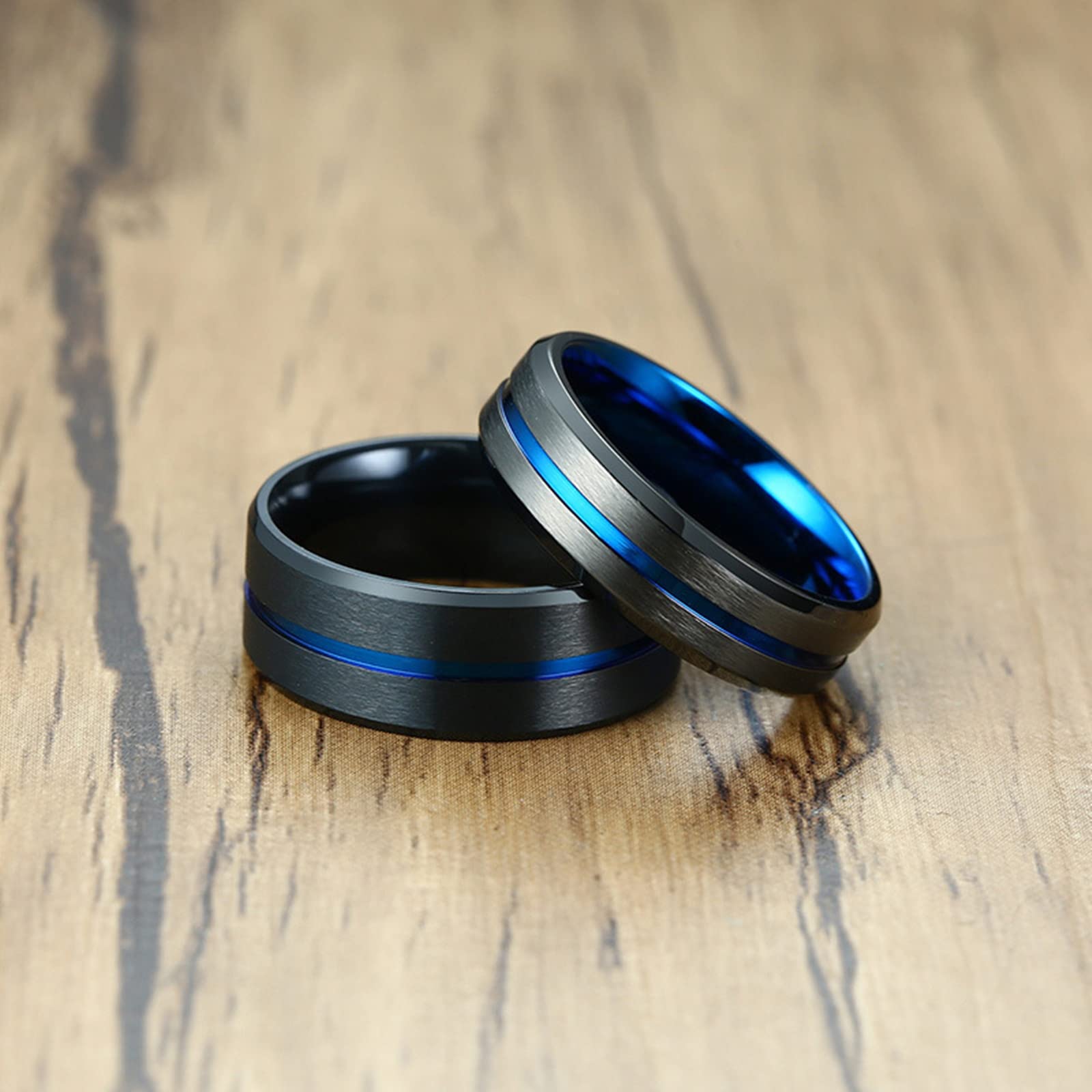 Men's Stainless Steel Punk Rings - Black & Blue Brushed for Rock Style