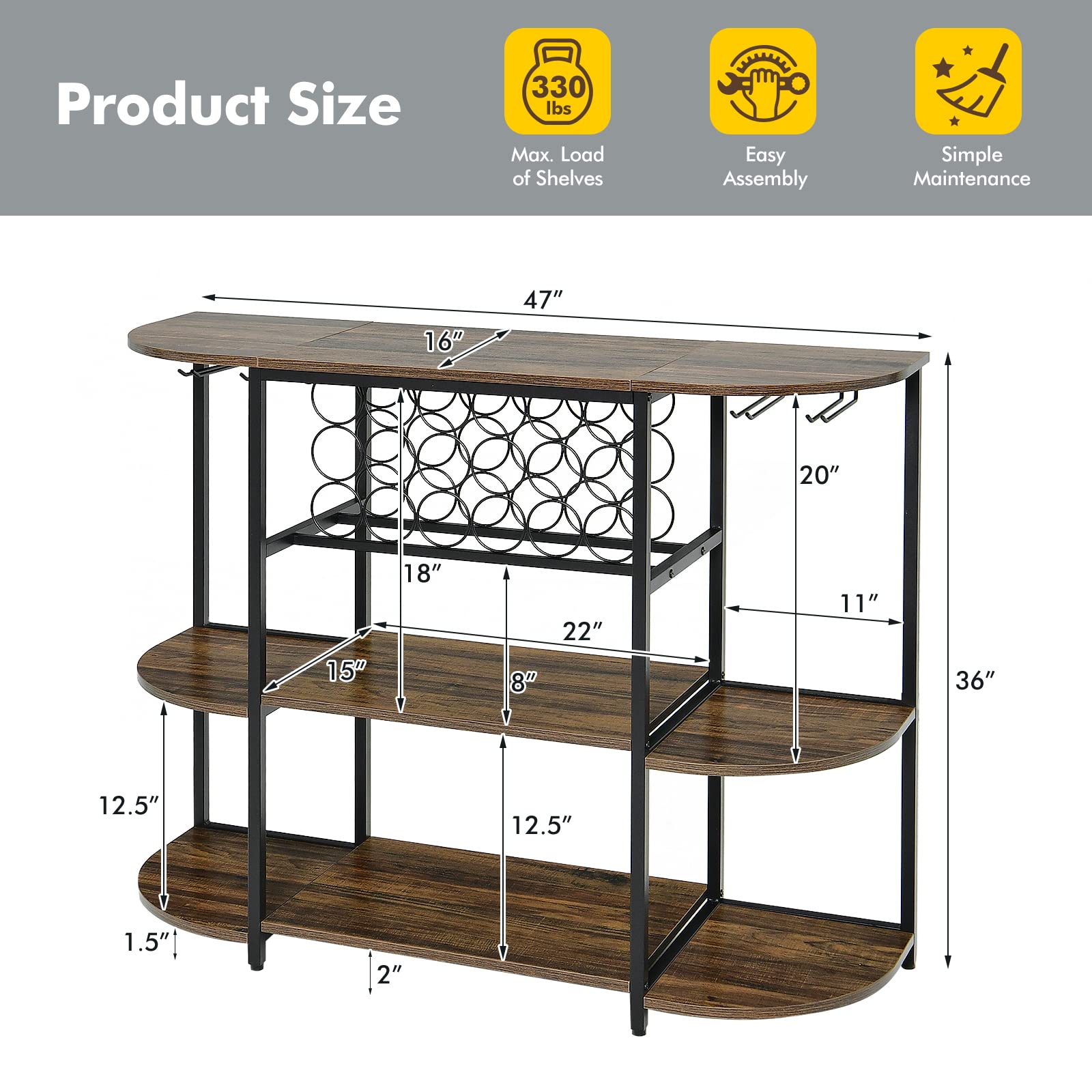 LOKO 47-Inch Industrial Wine Bar Cabinet with Wine Rack & Glass Holders - Freestanding Floor Bar Storage for Liquor, Wine Bottles and Glasses - Rustic Brown Finish for Home Kitchen, Dining Room, Bar or Entertainment Area