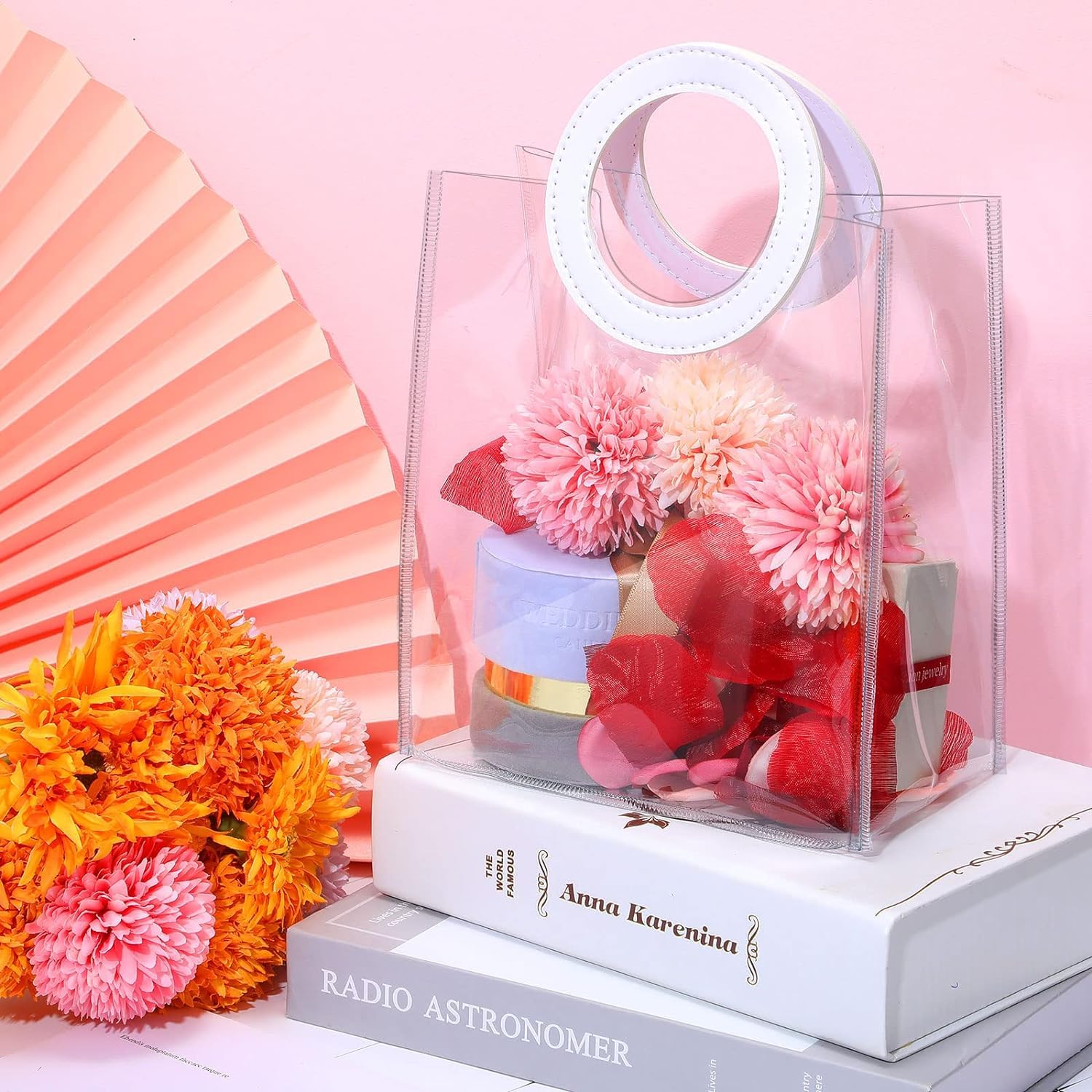 Clear PVC Gift Bags with Round Handles - Medium to Large Size (1-Count) | Perfect for Wedding, Baby Shower, Birthday Party & Retail Shopping | Durable Polyvinyl Chloride Gift Wrap Bags for Party Favors & Special Occasions