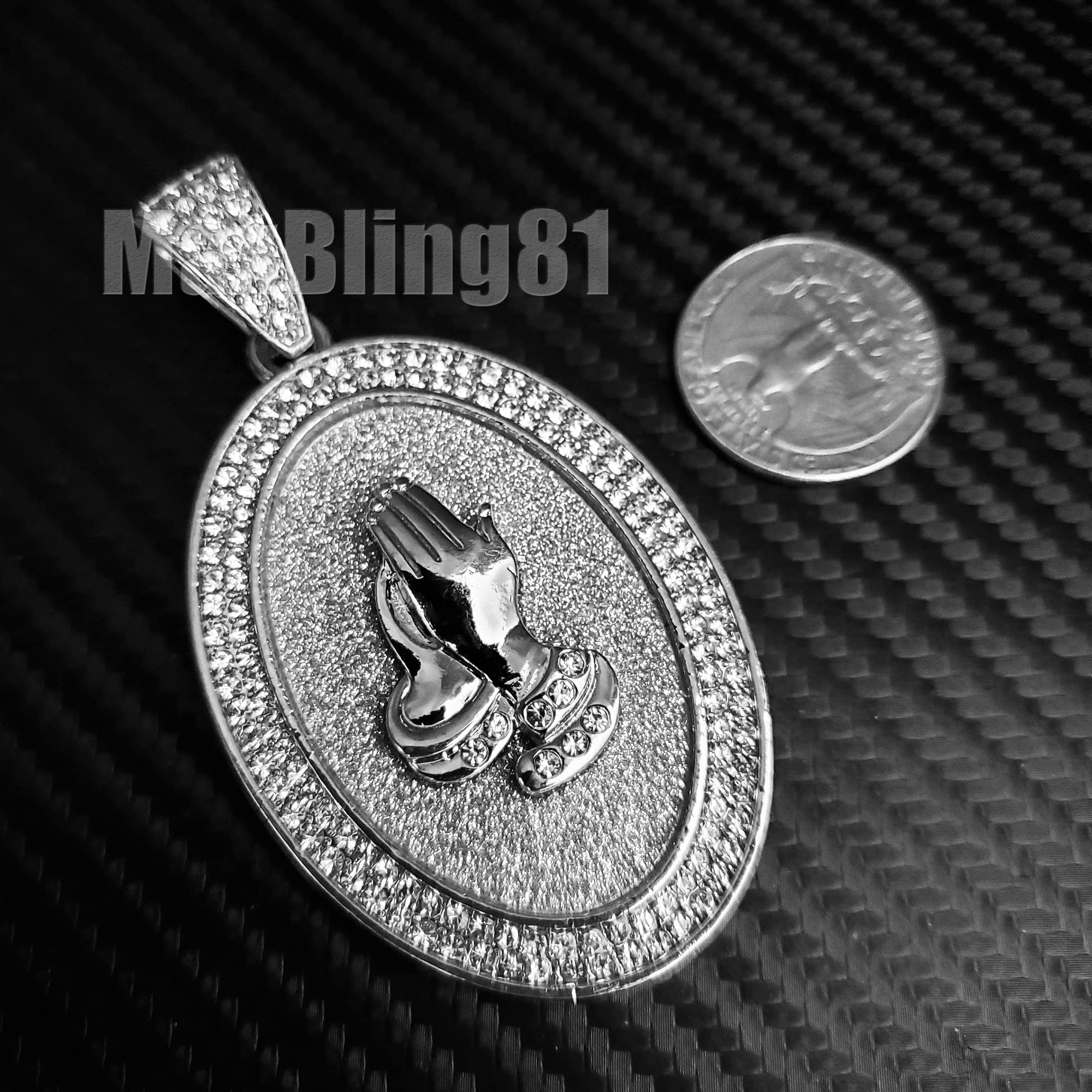 White Gold Plated Praying Hands Oval Pendant with 10mm Iced Baguette Chain Necklace - 18