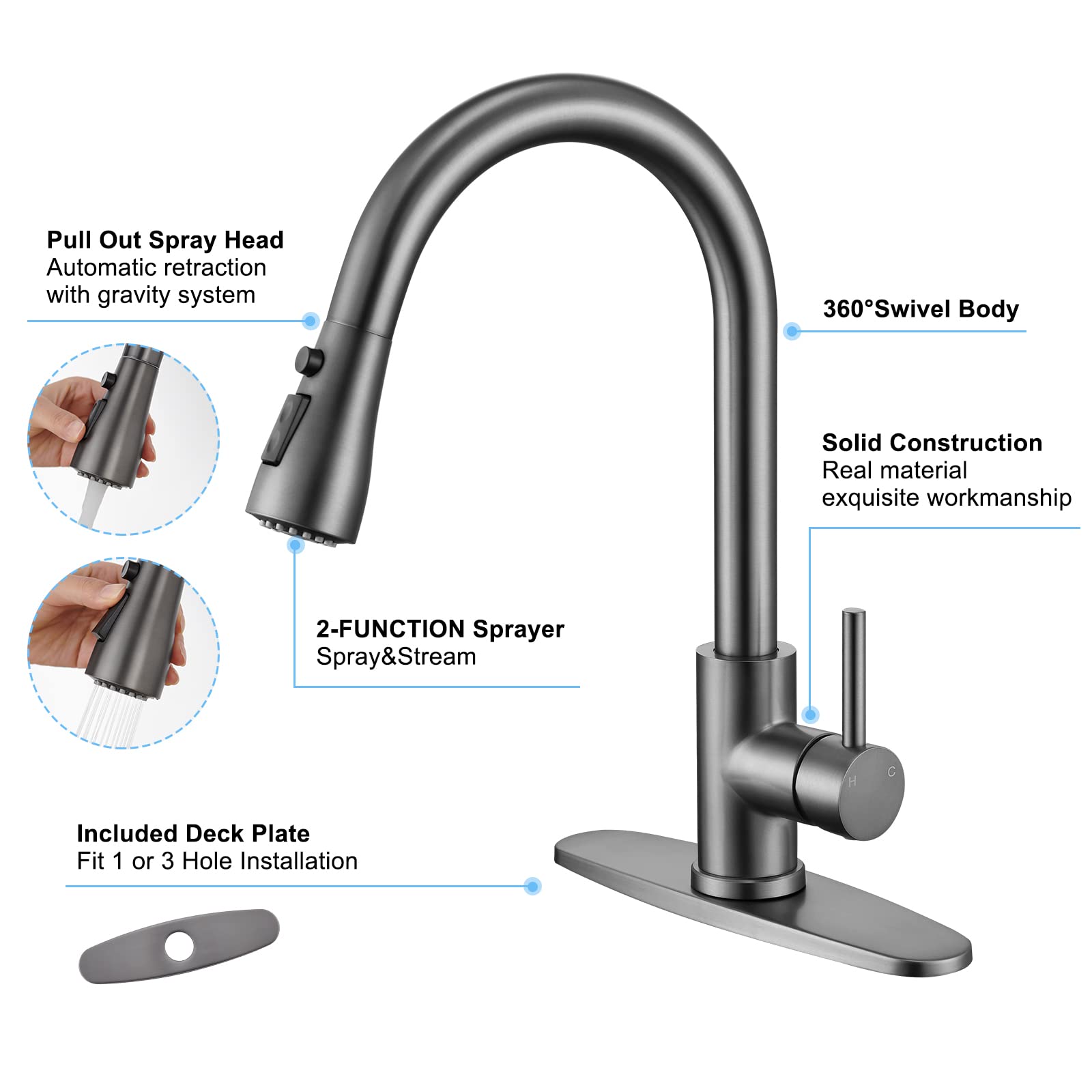 Brushed Nickel Kitchen Faucet with Pull-Down Sprayer - Sleek, Classic Design for Effortless Cleaning, Matte Gray Finish, Perfect for Modern and Traditional Kitchens