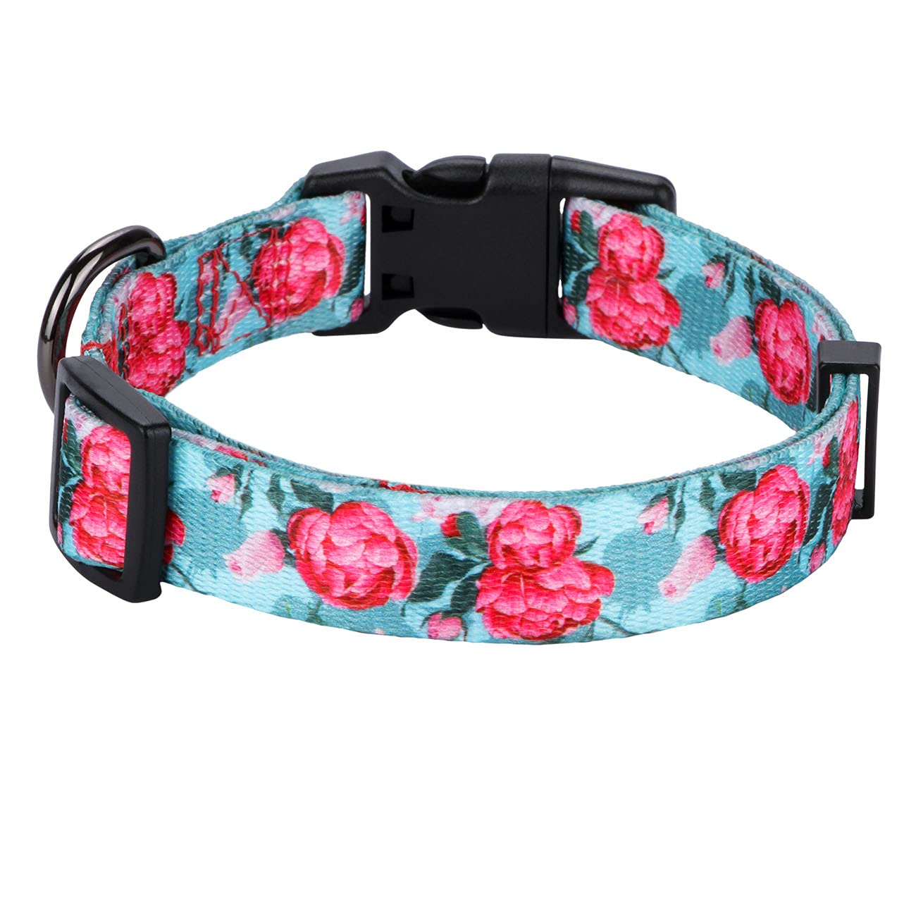 Rhea Rose Floral Print Dog Collar for Girls - Summer Flower Pet Collar, Turquoise, Medium Size | Perfect for Outdoor Walks, Pet Parties & Photo Shoots