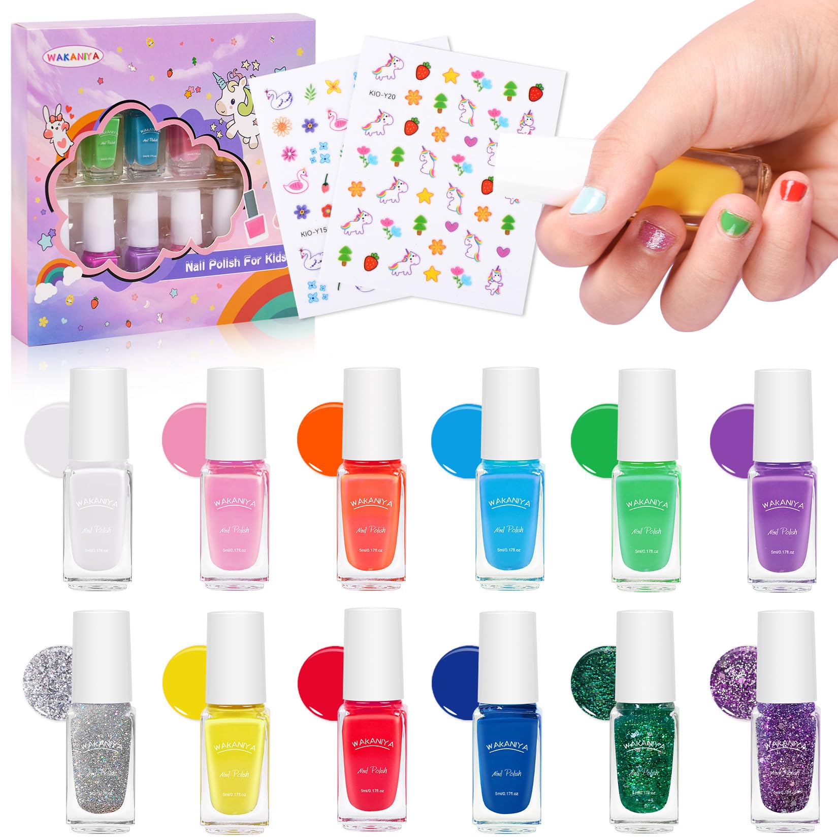 Non-Toxic Water-Based Kids Nail Polish Set - 12 Rainbow Colors with Fun Nail Stickers, Safe Peel-Off Polish for Girls Ages 3+ | Perfect for Birthday Parties, Playdates & Creative Play