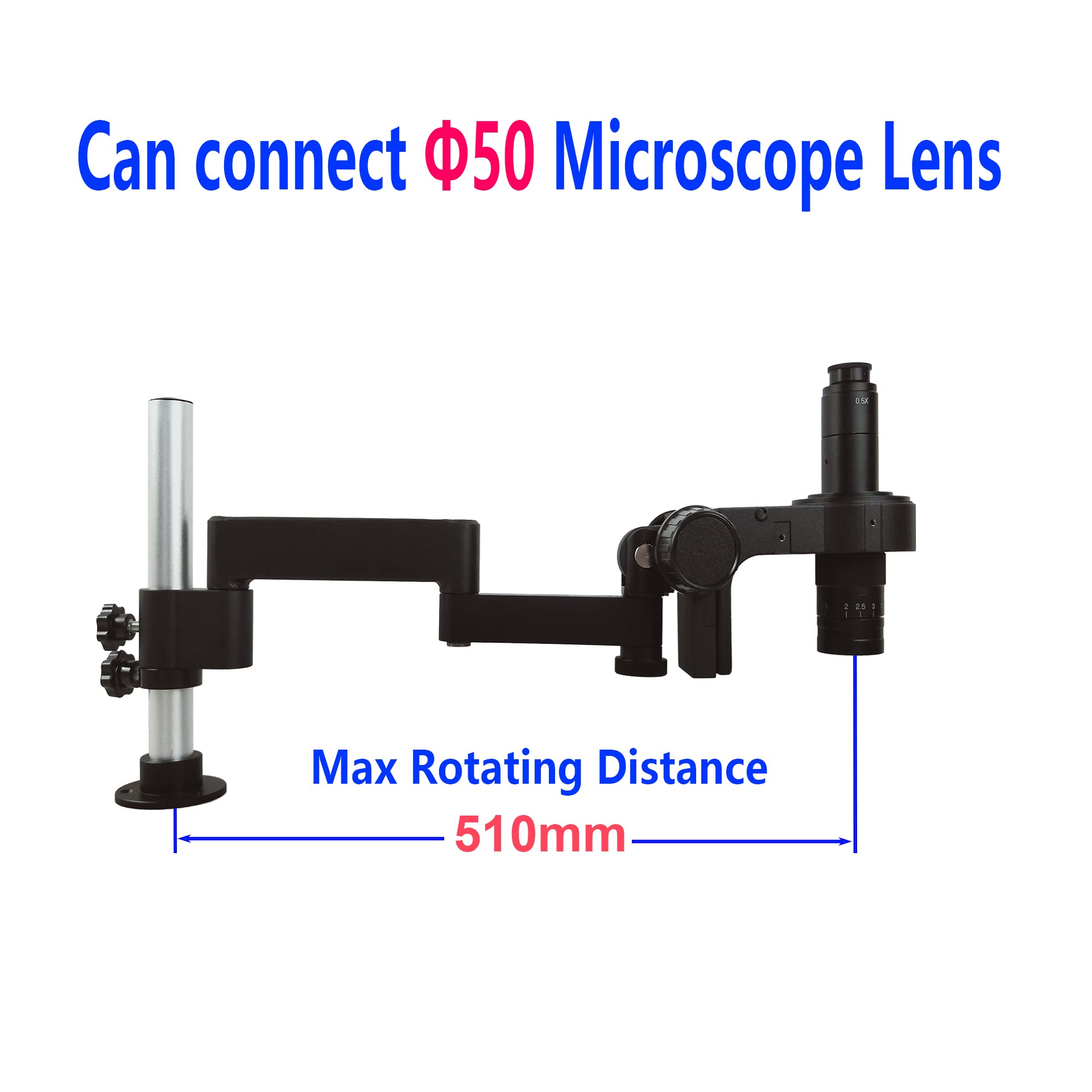 Professional Microscope Articulating Universal Rotatable Arm Stand with Clamp - 50mm Black for Stereo Trinocular Microscopes | Perfect for HDMI Camera Lens, Phone Repair & Soldering Tools | Ideal for Electronics Labs, Jewelry Making & Scientific Research
