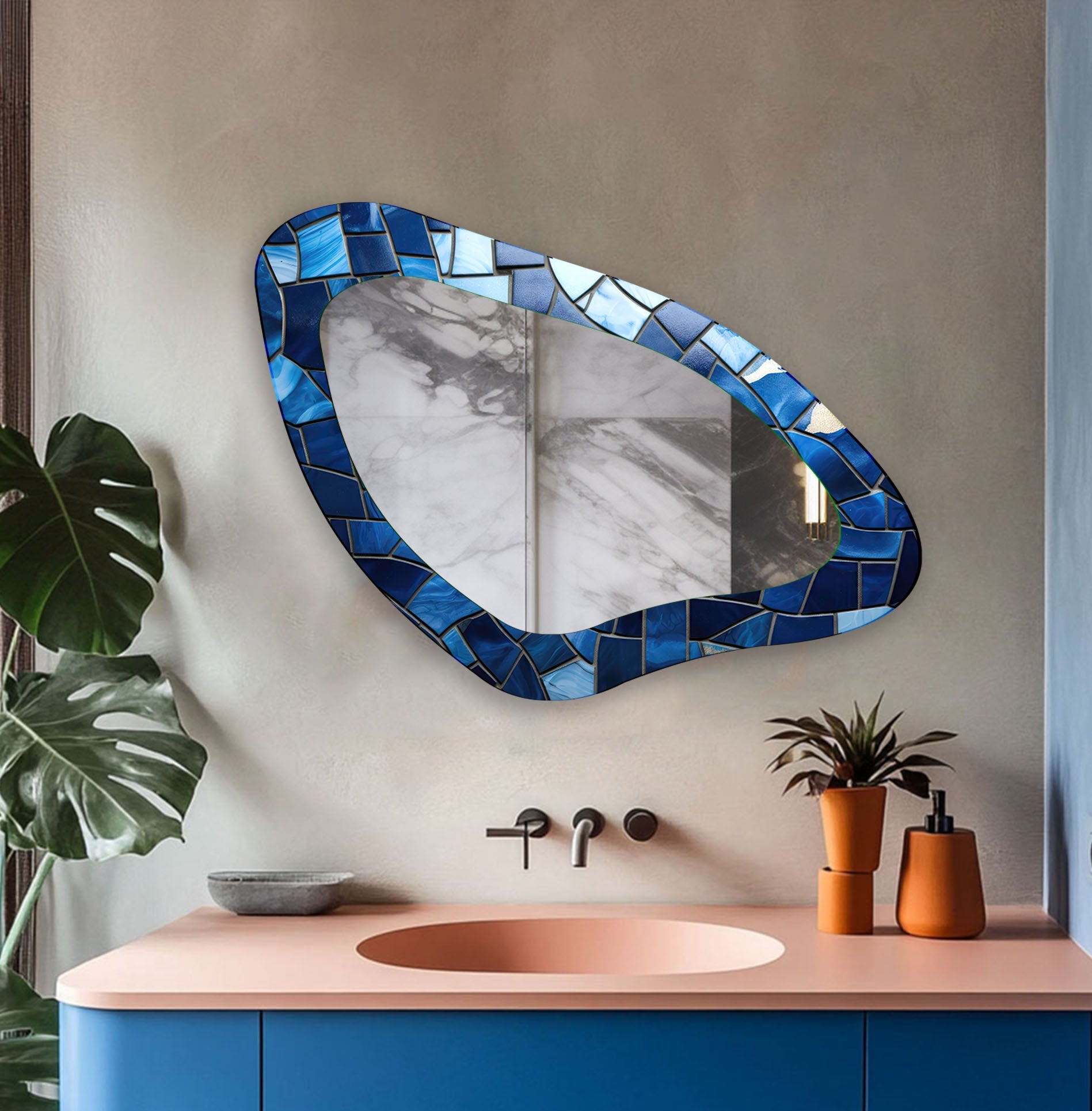 Blue Mosaic Decorative Wall Mirror - Handcrafted Boho Style Accent Mirror for Living Room, Bedroom, or Bathroom Decor