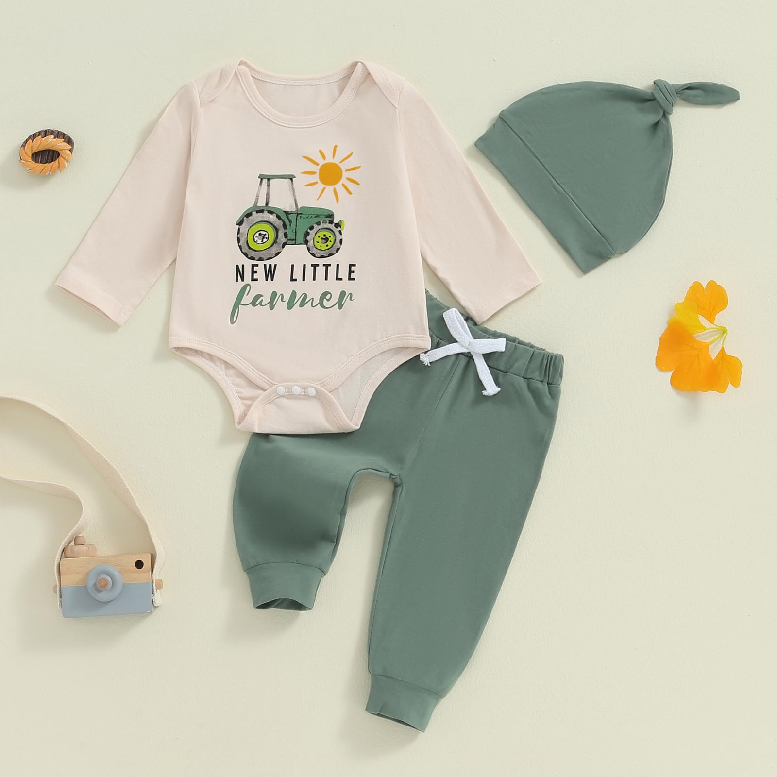 YOKJZJD 3-Piece Newborn Baby Boy Outfit Set - Farm Theme Long Sleeve Romper with Pants & Hat | Perfect Coming Home & Fall Photoshoot Outfit | Adorable Farmer Look for Infants