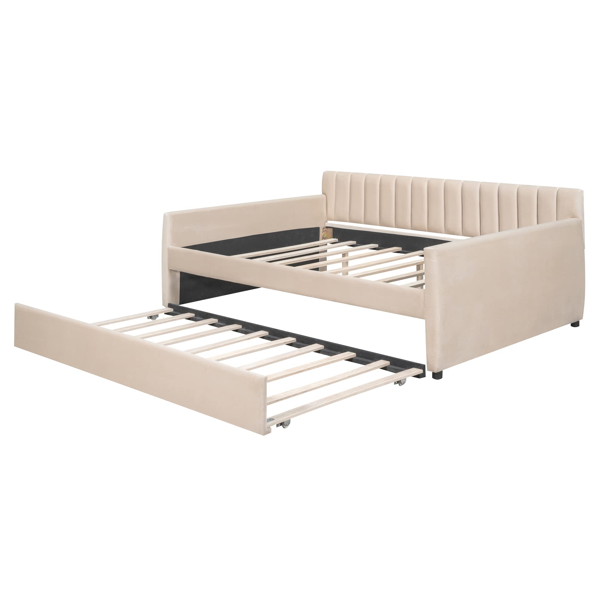 P PURLOVE Full Size Upholstered Daybed with Trundle - Velvet Sofa Bed with Pull Out Trundle & Wood Slats for Living Room, Guest Bedroom & Small Space - Convertible Sleeper Sofa for Lounge, Nap & Overnight Guests
