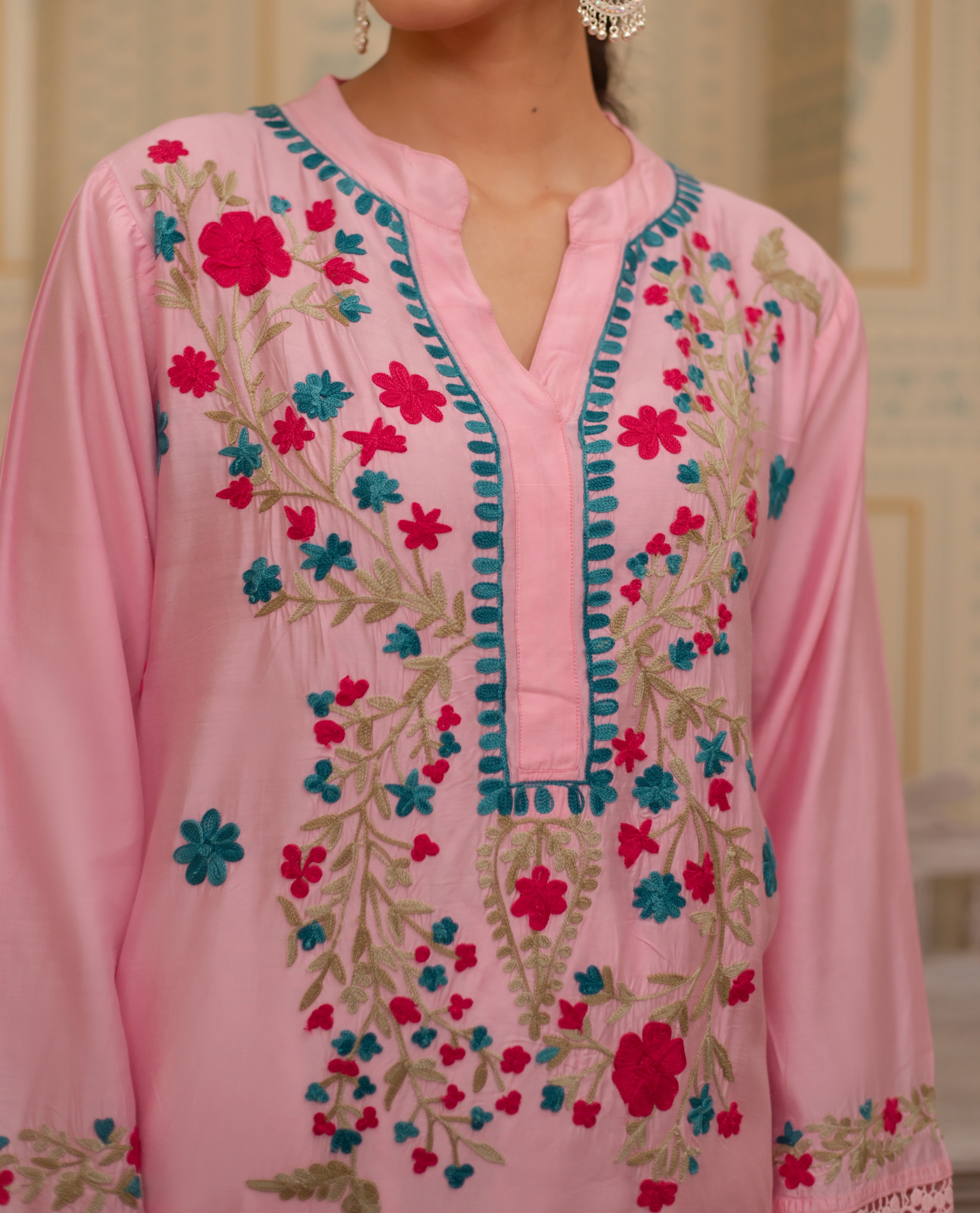 Falak Kashmiri Long Kurta for Women - Pink Chanderi Silk Embroidered Aari Work Tunic - Perfect for Festivals, Weddings & Ethnic Occasions