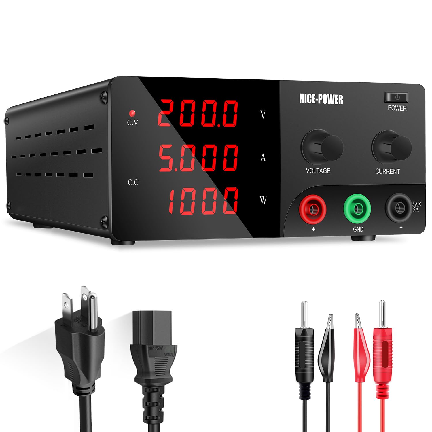 NICE-POWER 1000W Variable DC Power Supply - 200V 5A Adjustable Voltage Regulator with Intelligent Fan for Electronics Lab, DIY Projects & Industrial Testing