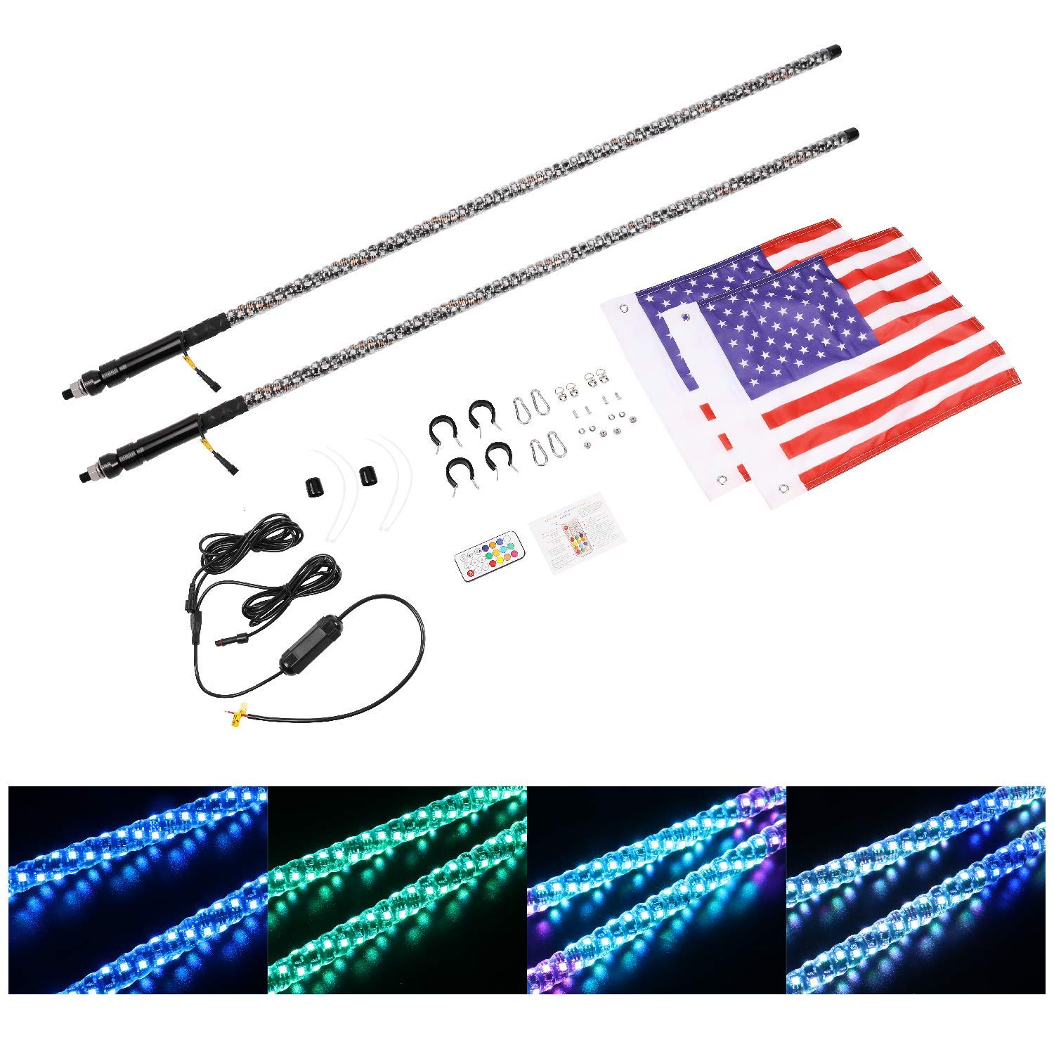 YCHOW-TECH 2PCS 4FT RGB LED Whip Lights for UTV/ATV/Dune Buggy - Remote Control with 600+ Color Modes, Chasing & Dancing Effects - Perfect for Off-Road Adventures, Night Riding & Party Lighting
