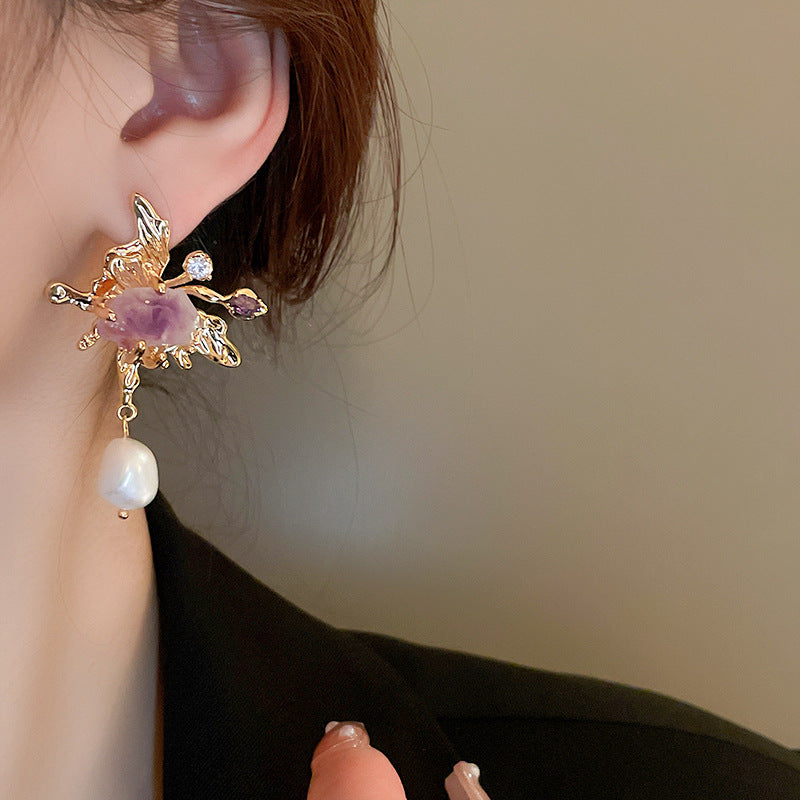 Elegant Asymmetric Freshwater Pearl Lilac Dangle Earrings for Women | HE13762 | Perfect for Weddings, Parties & Special Occasions