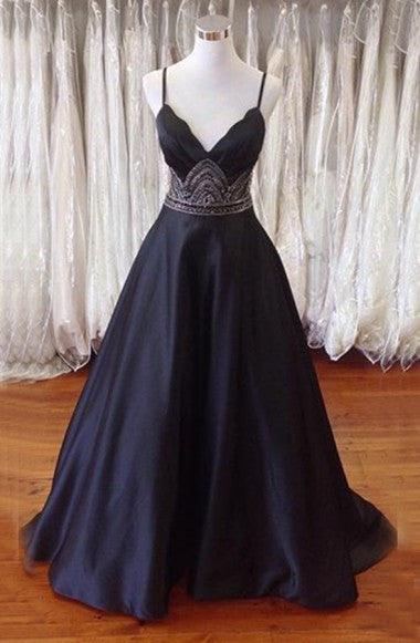 Elegant Black A-Line Spaghetti Straps Open Back Prom Dress with Beading & Sweep Train TP0023 | Perfect for Homecoming, Evening Gala & Formal Occasions