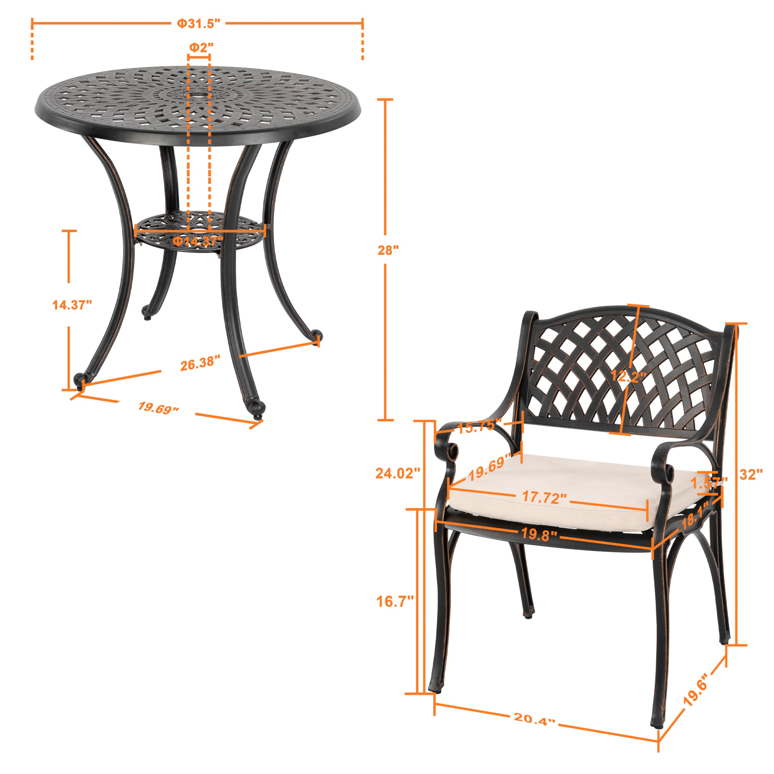 NUU GARDEN 3-Piece Outdoor Bistro Set - Rustproof Cast Aluminum Patio Table & Chairs with Umbrella Hole & Beige Cushions - Perfect for Backyard, Balcony, Front Porch, Garden or Poolside Dining - Black
