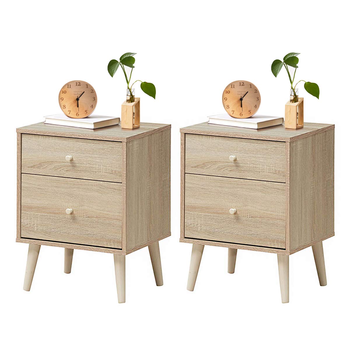 Giantex Nightstand with Drawers & Solid Rubber Wood Legs - Large Storage Side Table for Bedroom, Living Room, Hallway - Natural Wood End Table (Set of 2) | Perfect for Organizing Books, Lamps & Bedroom Essentials