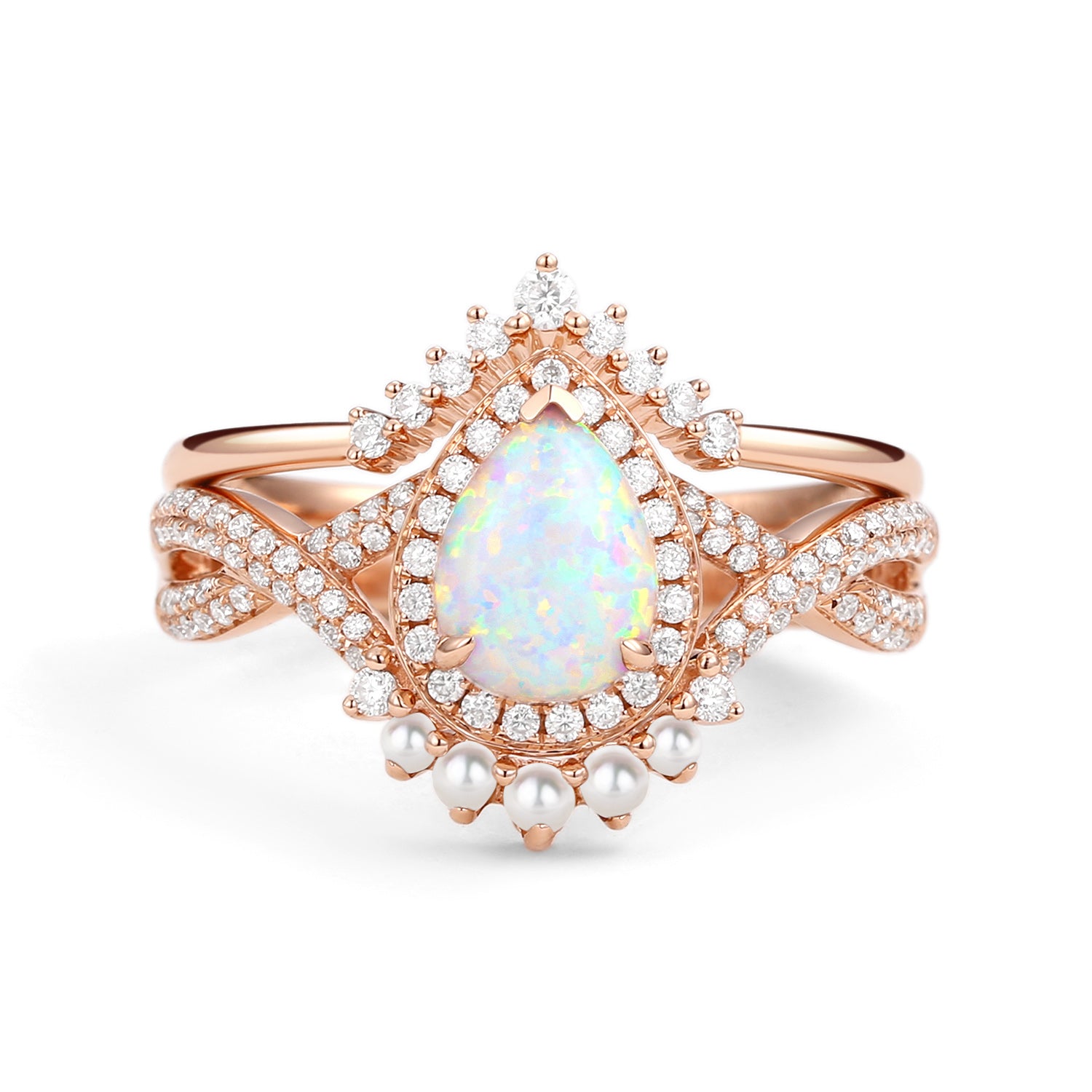 Pear Opal & Pearl Halo Infinity Ring Set - 2 Piece Stackable Rings for Women, Wedding, Anniversary & Special Occasion Gifts - Perfect for Bridal Jewelry, Date Night & Romantic Surprises
