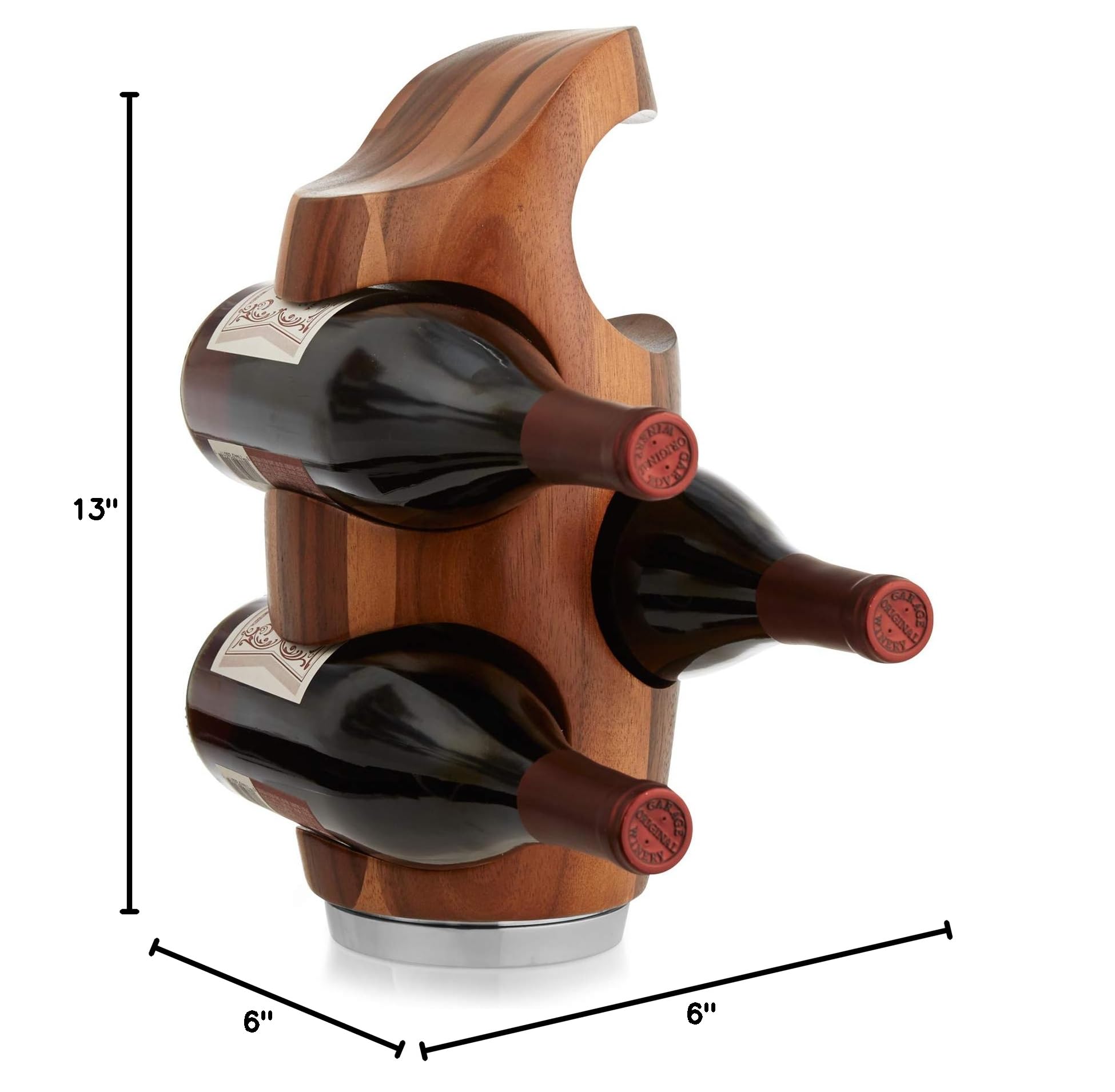 Nambe Vie 4-Bottle Wine Rack - Acacia Wood & Alloy Base - Compact 13 Inch Wine Holder - Elegant Home Decor for Kitchen, Dining Room, Bar or Gift for Wine Lovers