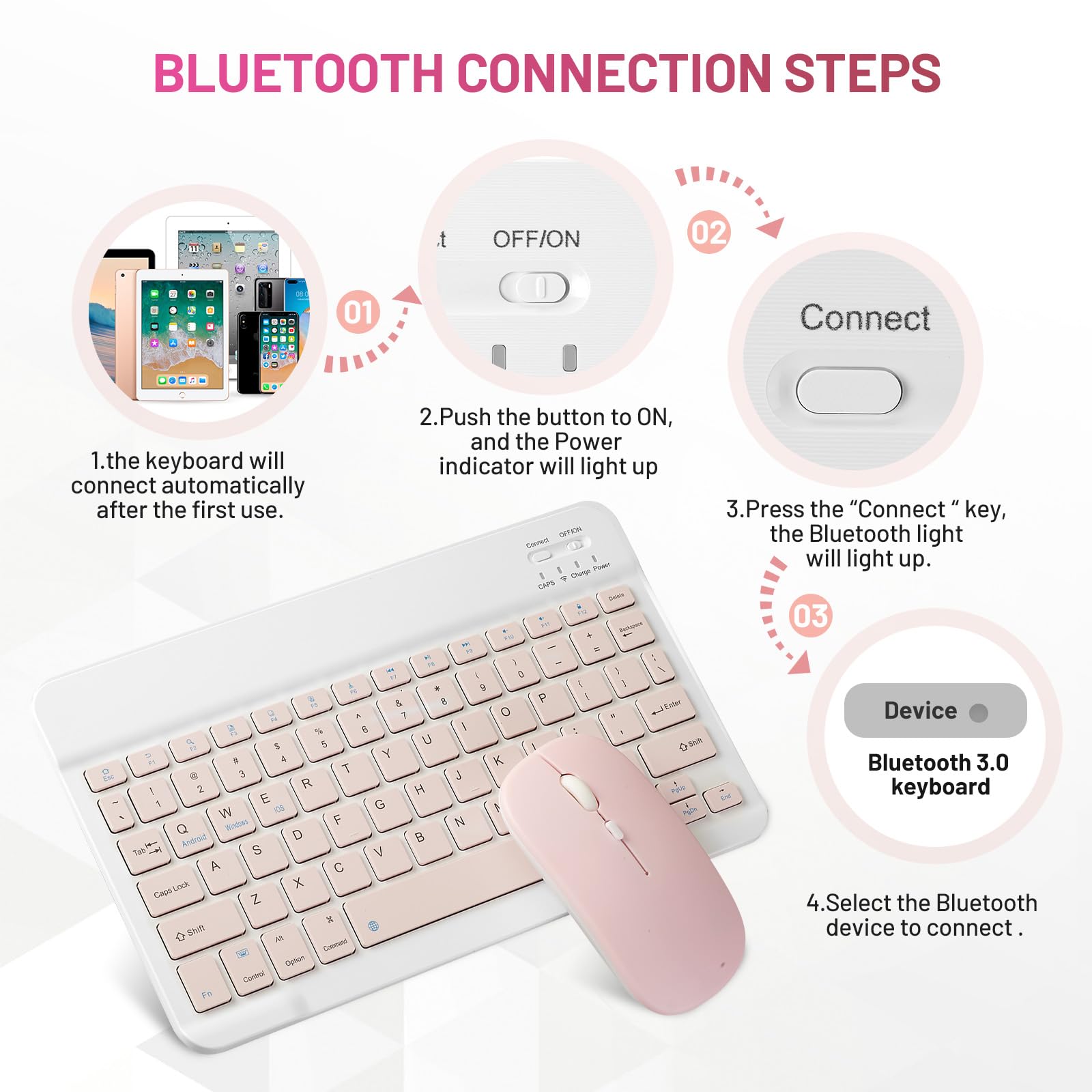 Rechargeable Wireless Bluetooth Keyboard and Mouse Combo for Apple iPad iPhone iOS 13+, Samsung Tablet, Android & Windows Devices - Portable 10-inch Pink Set for Home Office, Travel & Remote Work
