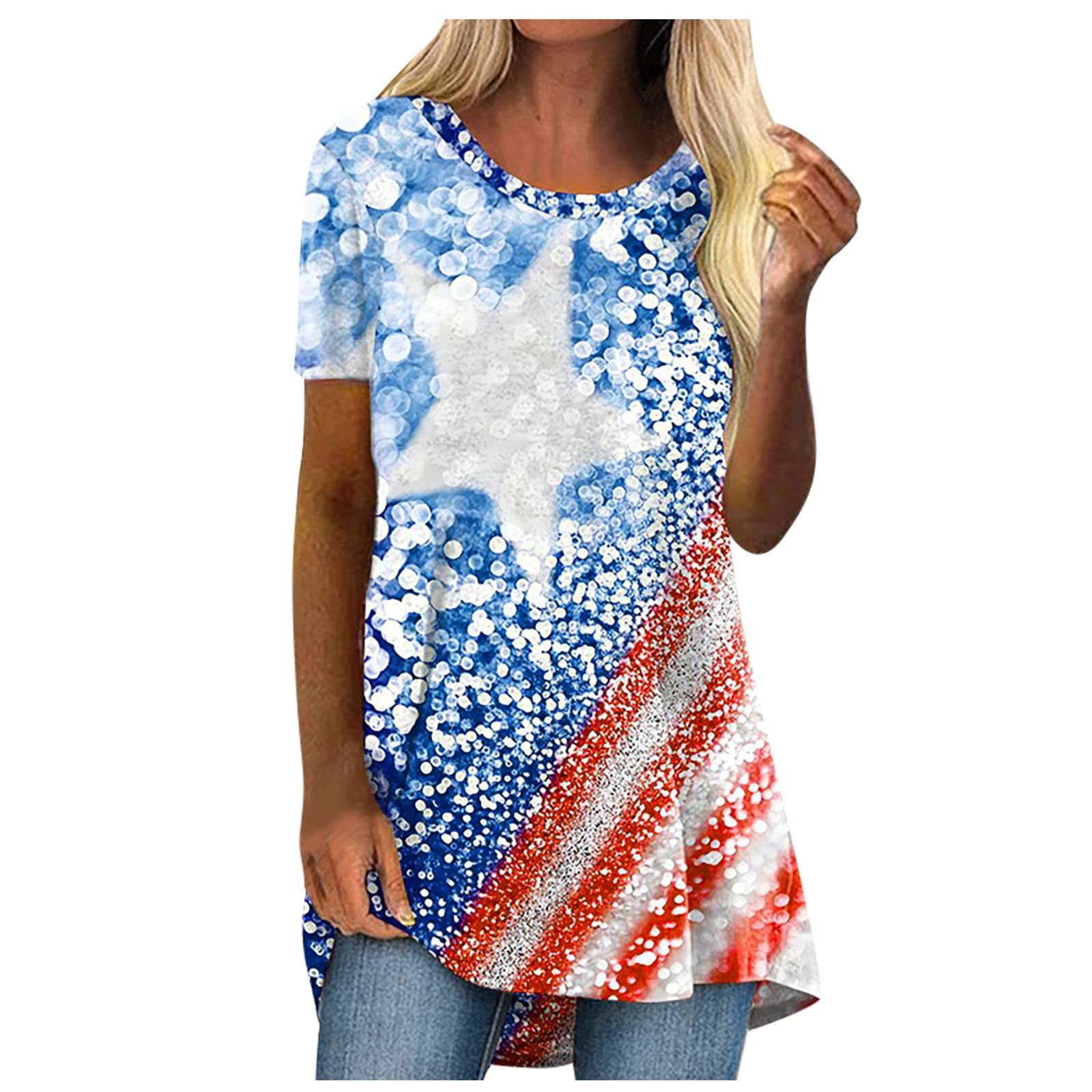 Women's 4th of July Patriotic Print Short Sleeve T-Shirt - Casual Loose Fit Crewneck Summer Top for Independence Day Celebrations, Beach Outings & Weekend Wear