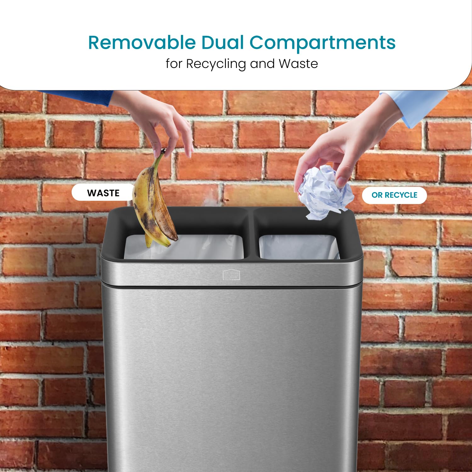 13 Gallon Stainless Steel Kitchen Trash Can with Dual Removable Liners - Open Top No Lid Design for Waste & Recycling - Perfect for Home, Office & Restaurant Use