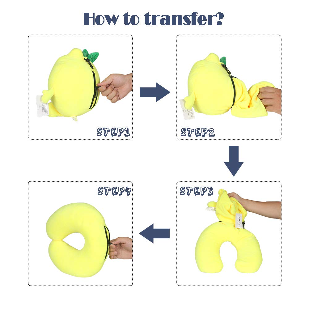 Comfortable & Washable Travel Neck Pillow for Airplane, Office & Car - Cute Lemon Design - Perfect for Long Flights, Work Breaks & Road Trips