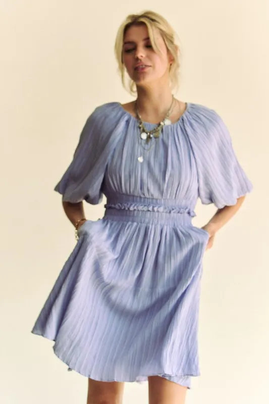 Lavender Back Button Puff Sleeve Mini Dress for Women | Summer Beach Resort Outfit | Perfect for Vacation, Wedding Guest & Date Night