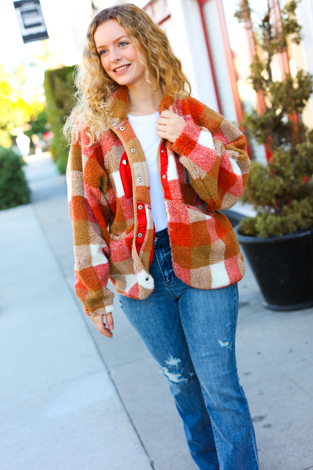 Best Rust & Camel Plaid Sherpa Button Down Jacket for Men & Women - Cozy Winter Flannel Shirt for Outdoor Camping & Casual Wear
