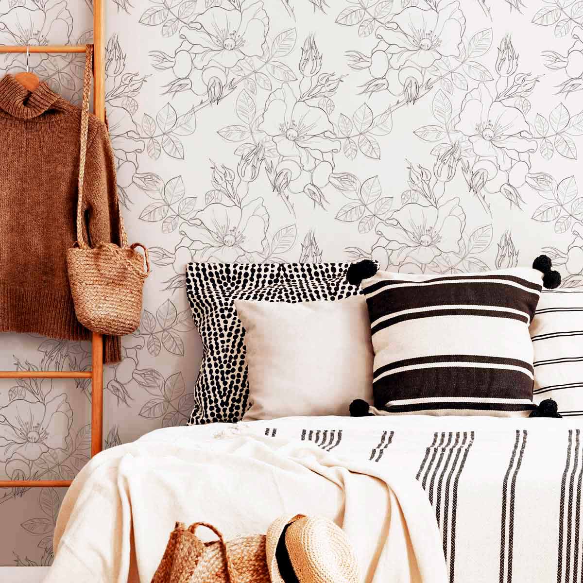 Charcoal and White Floral Peel and Stick Removable Wallpaper - Self-Adhesive Wall Decor for Bedroom, Living Room, and Office - Easy to Install and Remove