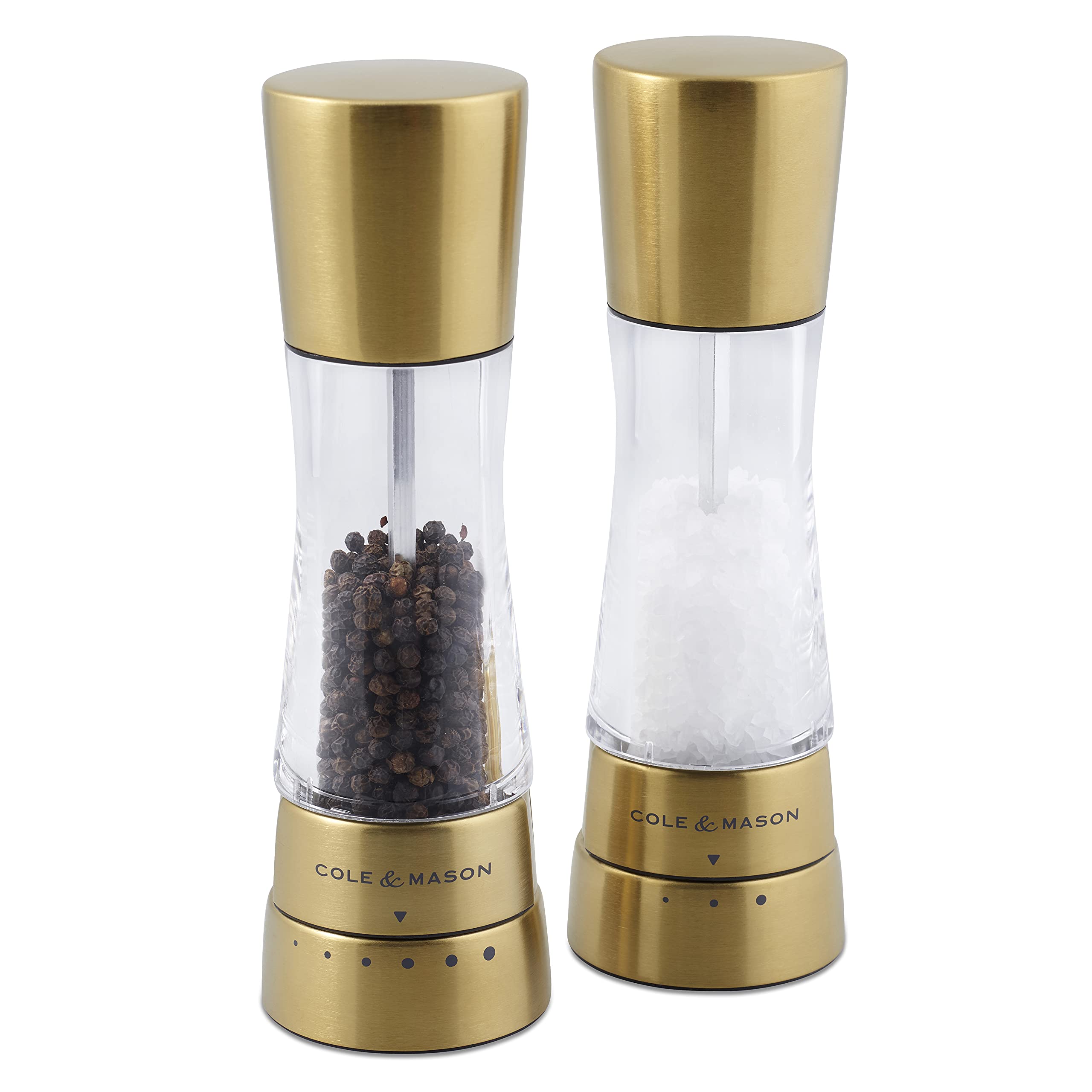 Cole & Mason Derwent Gold Salt and Pepper Grinder Set - Premium Stainless Steel & Acrylic Mills with Gourmet Precision+ Technology - 190mm Height - Perfect for Kitchen, Dining Table & Gift Giving