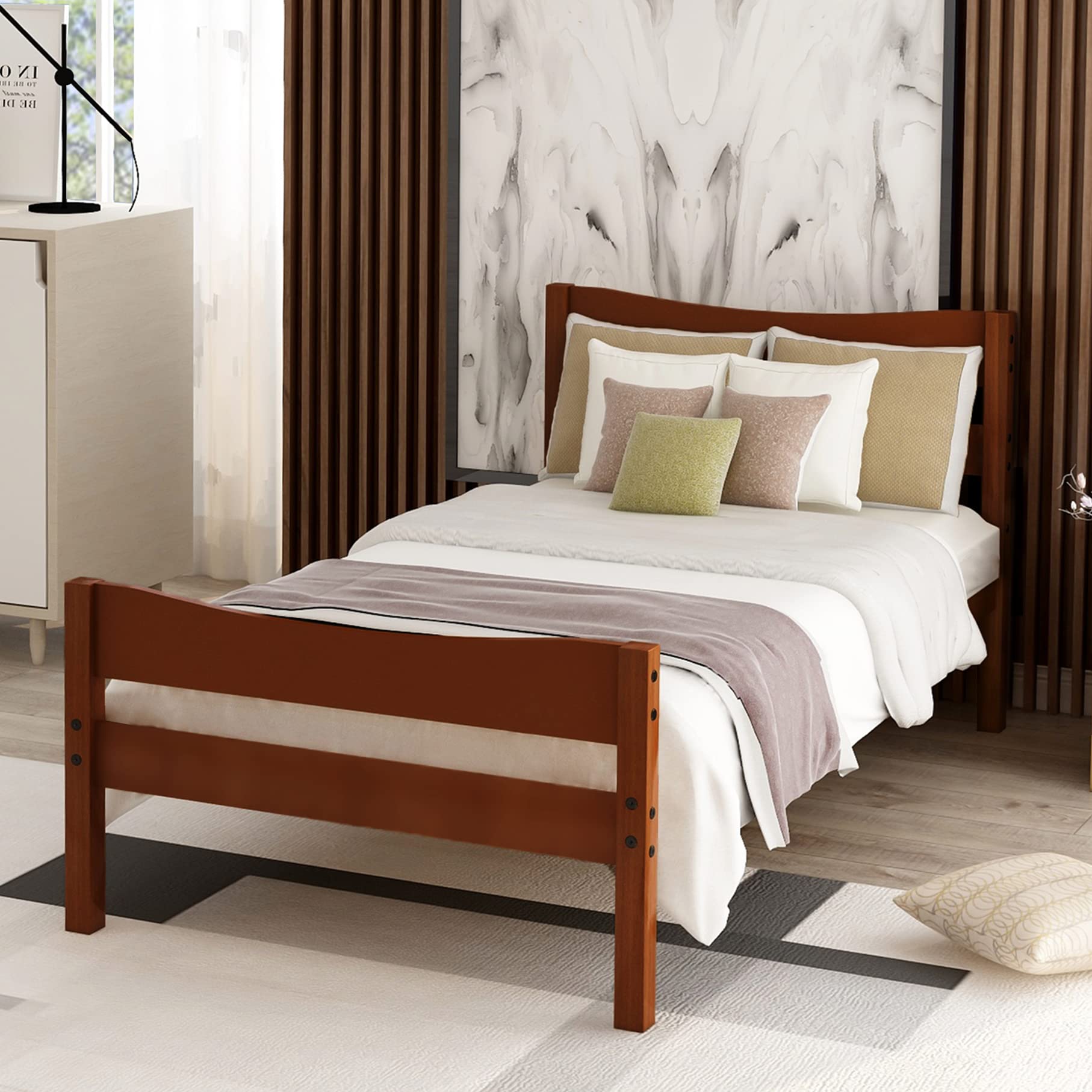Twin Size Wooden Bed Frame with Headboard & Footboard - Sturdy Platform Bed for Kids & Adults, No Box Spring Needed (Walnut) | Perfect for Small Bedrooms, Guest Rooms & Dormitories