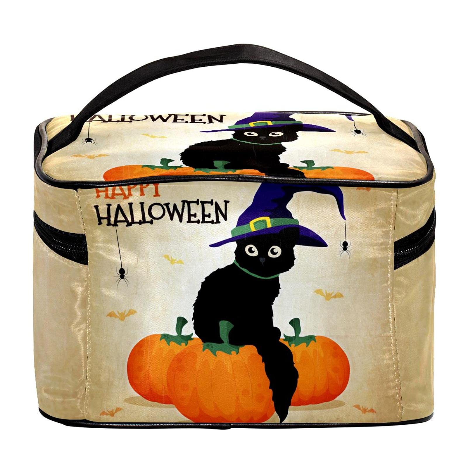 Happy Halloween Black Cat Witch Travel Makeup Bag - Large Cosmetic Organizer with Zipper for Women & Girls | Perfect for Travel, Parties & Halloween Costume Accessories