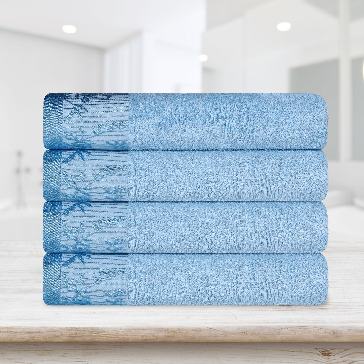 Premium Wisteria Cotton Floral Embroidered Jacquard Border Bath Towel Set of 4 - Soft Absorbent Luxury Towels for Spa, Bathroom & Guest Use