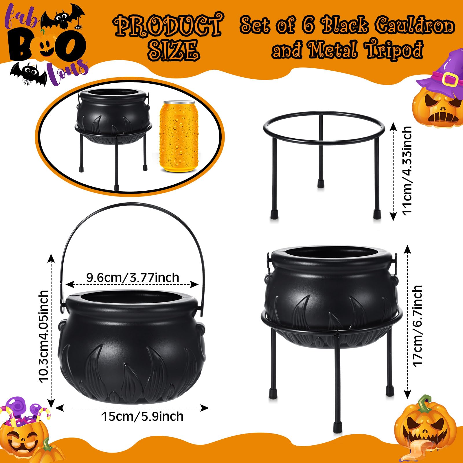 Jenaai 6-Piece Halloween Witch Cauldron Candy Bowl Set - Plastic Black Cauldrons with Stands for Candy Display - Perfect for Indoor/Outoween Party Decorations