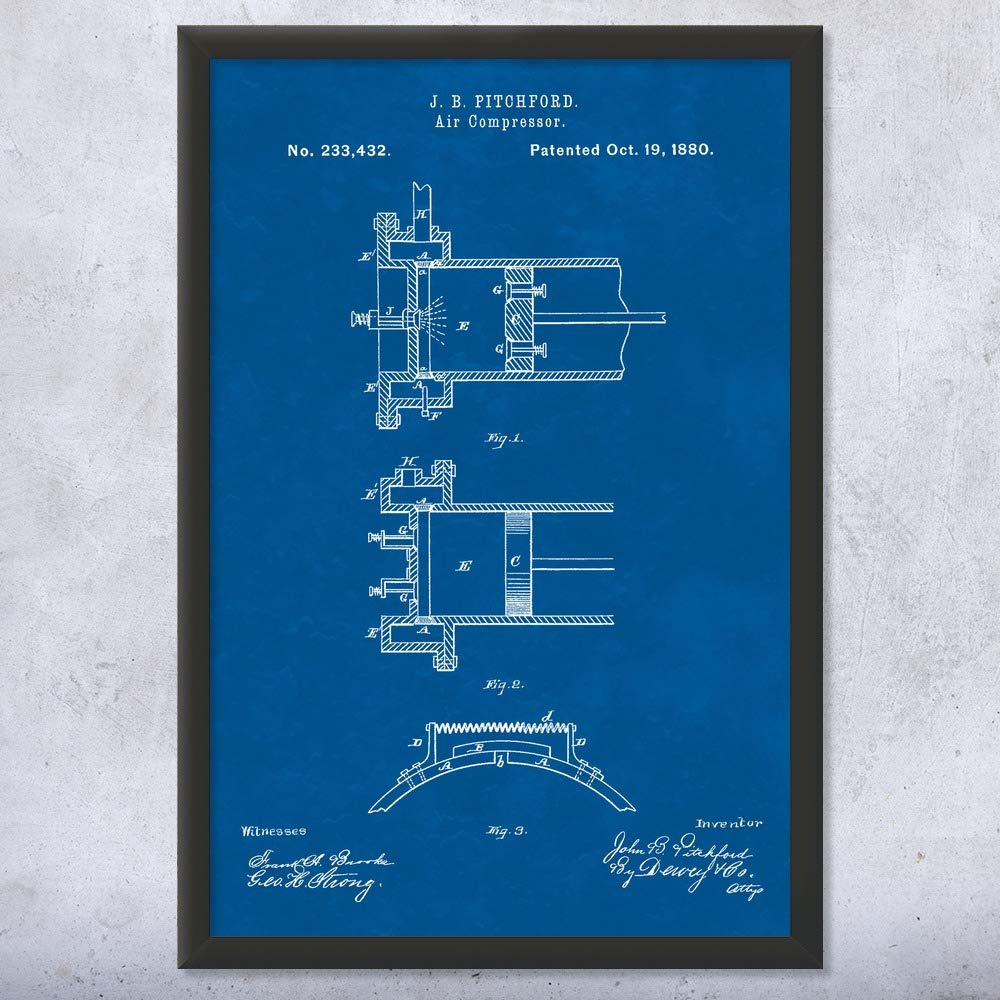 Framed Air Compressor Blueprint Print - Unique Gift for Mechanical Engineers, Contractors, House Painters & Carpenters - 11x14 Construction Worker Wall Art - Perfect for Workshops, Offices & Man Caves