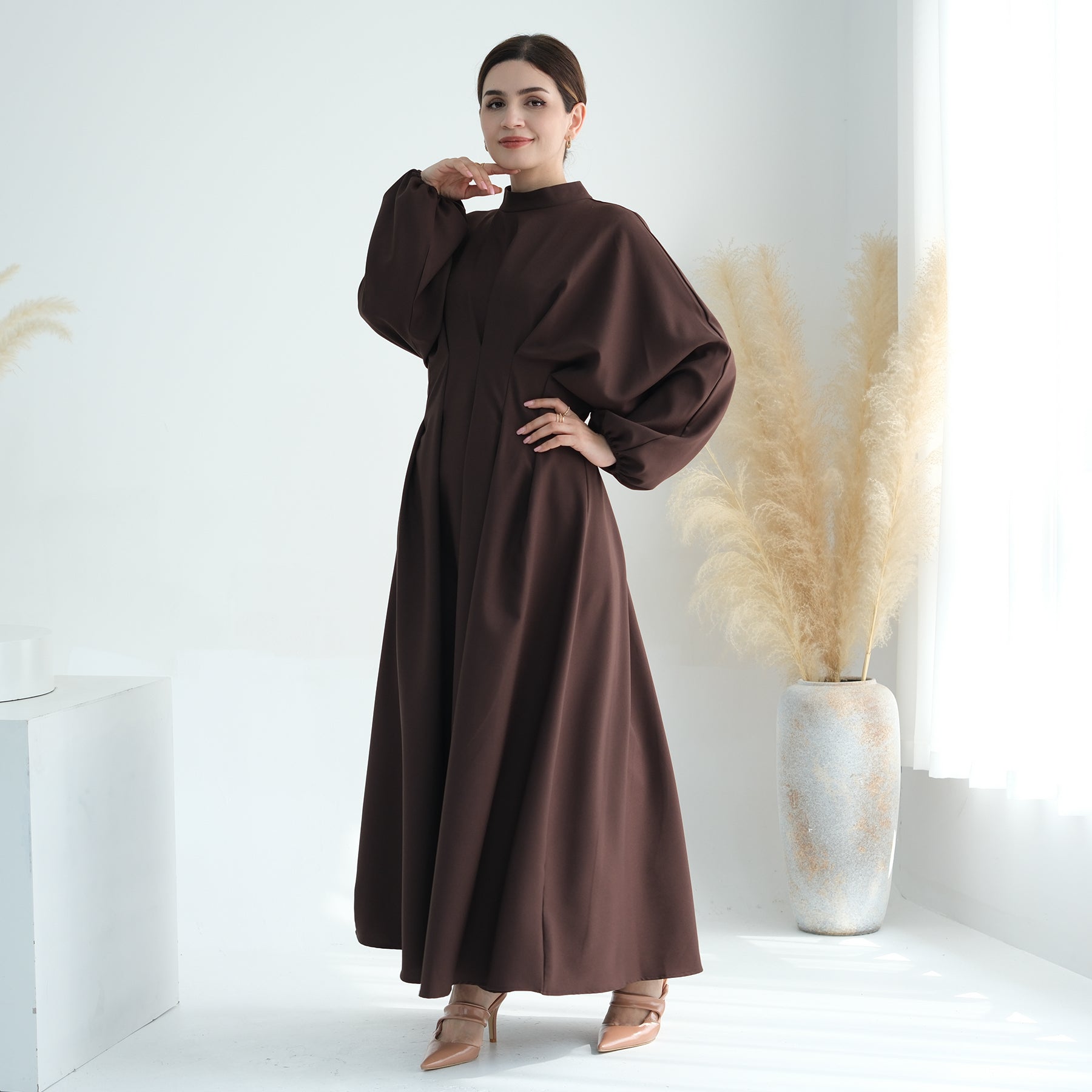 Madison Long Sleeve Maxi Dress for Women - Elegant Coffee Brown Flowy Boho Style - Perfect for Weddings, Parties & Fall Fashion